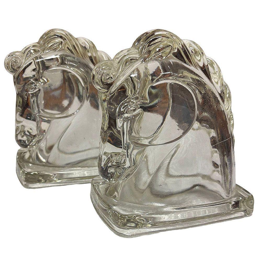 Américain Serre-livres à tête de cheval en verre clair pressé Art Déco Federal Glass en vente