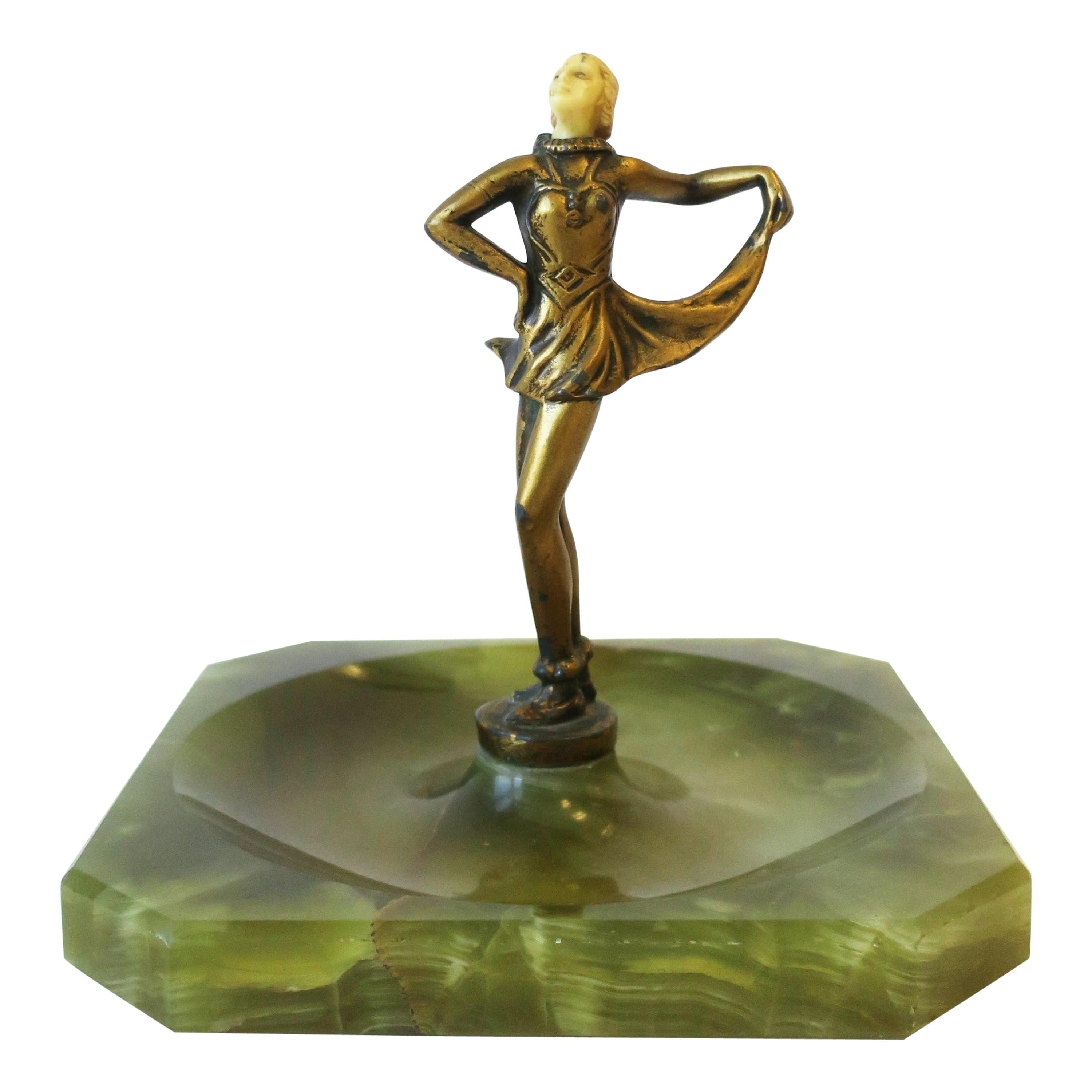 Art Deco Onyx Marble Catchall with Female Sculpture  For Sale