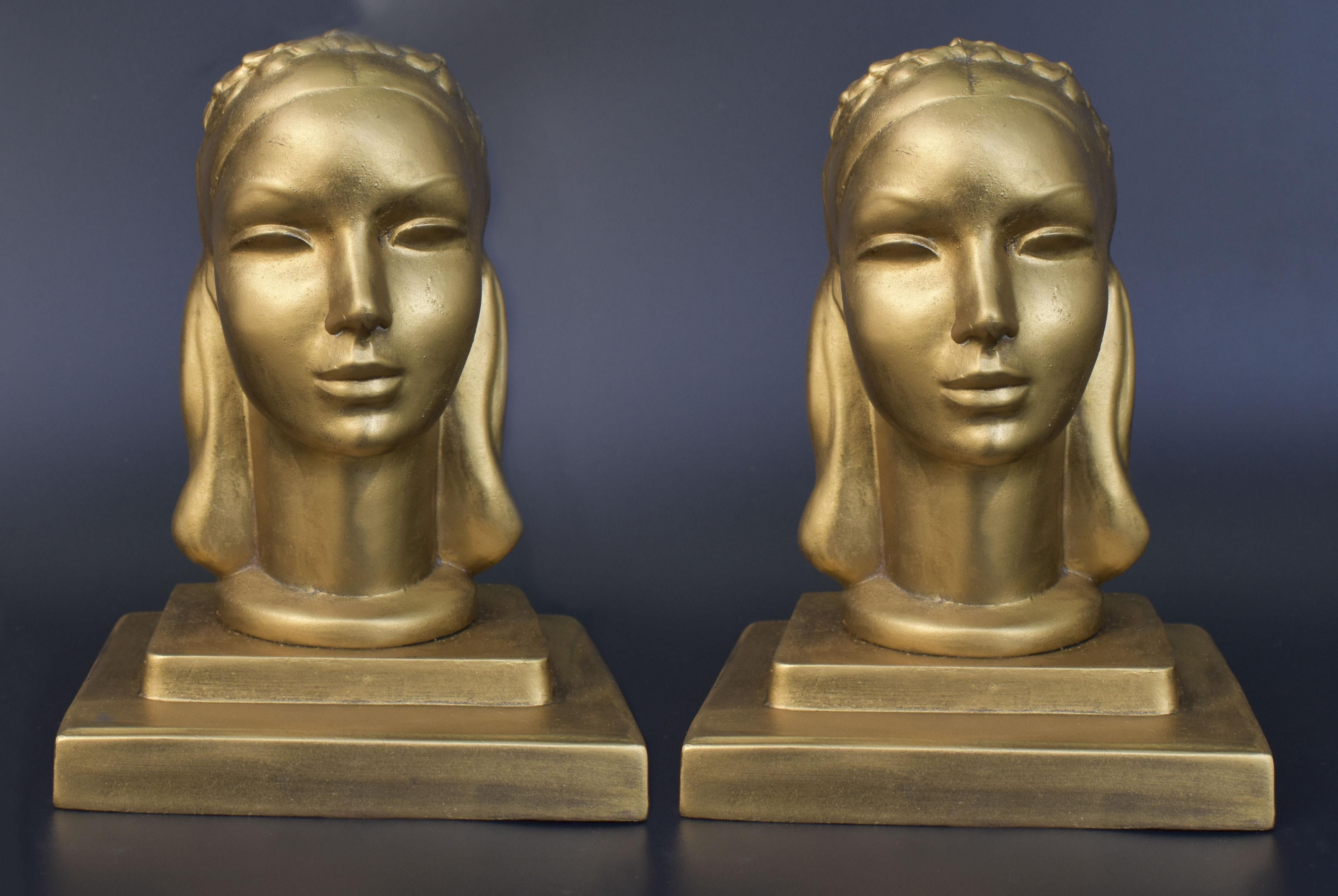 Art Deco Female Bust Bookends by Frankart Inc, c1930 4