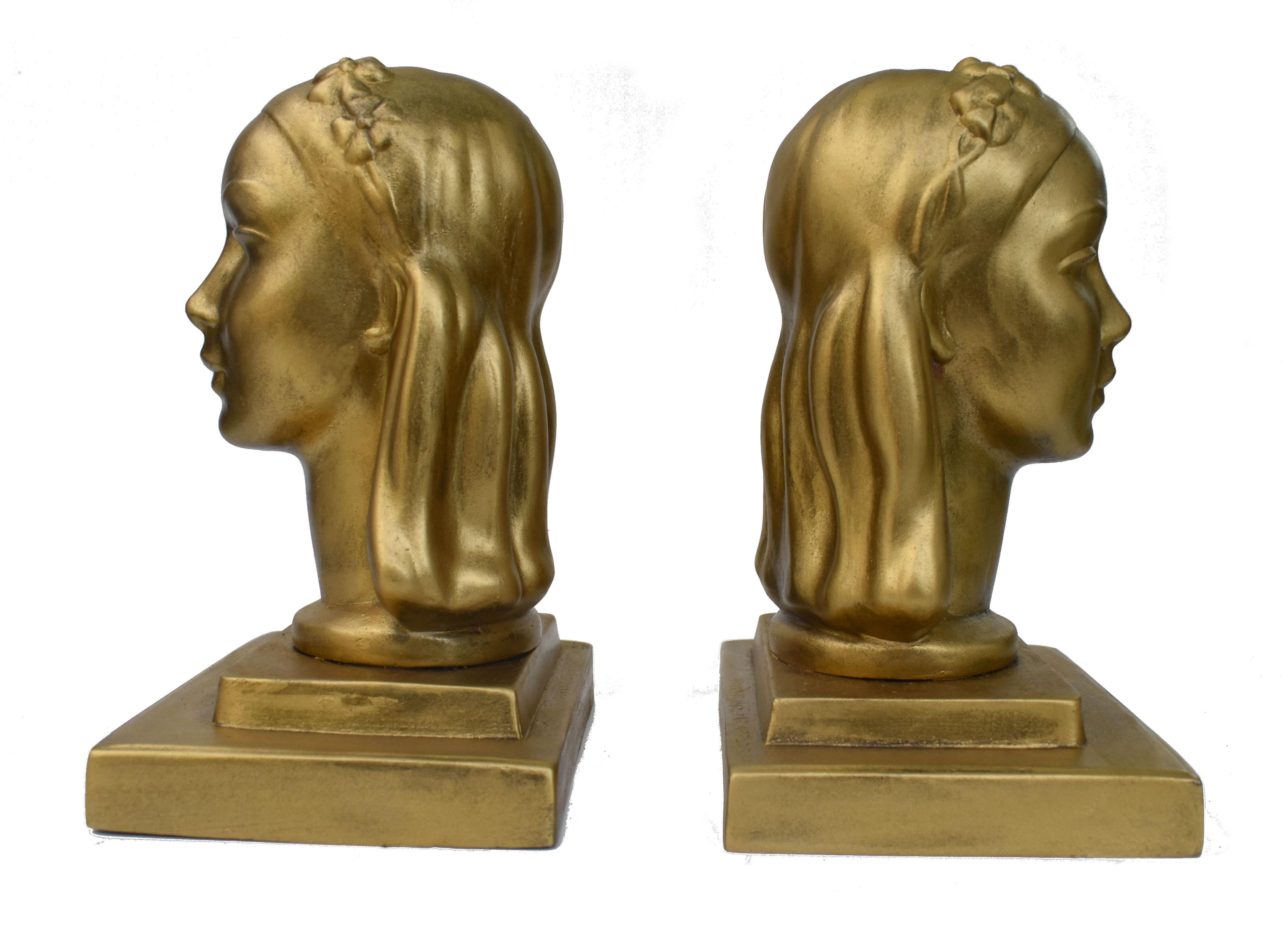 American Art Deco Female Bust Bookends by Frankart Inc, c1930