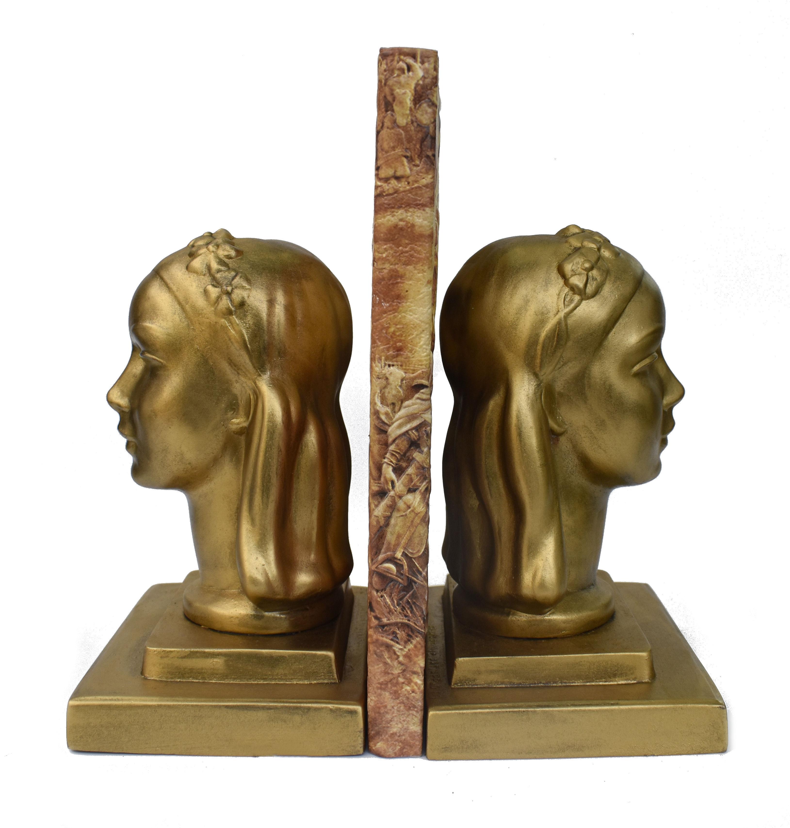 Art Deco Female Bust Bookends by Frankart Inc, c1930 In Good Condition In Devon, England