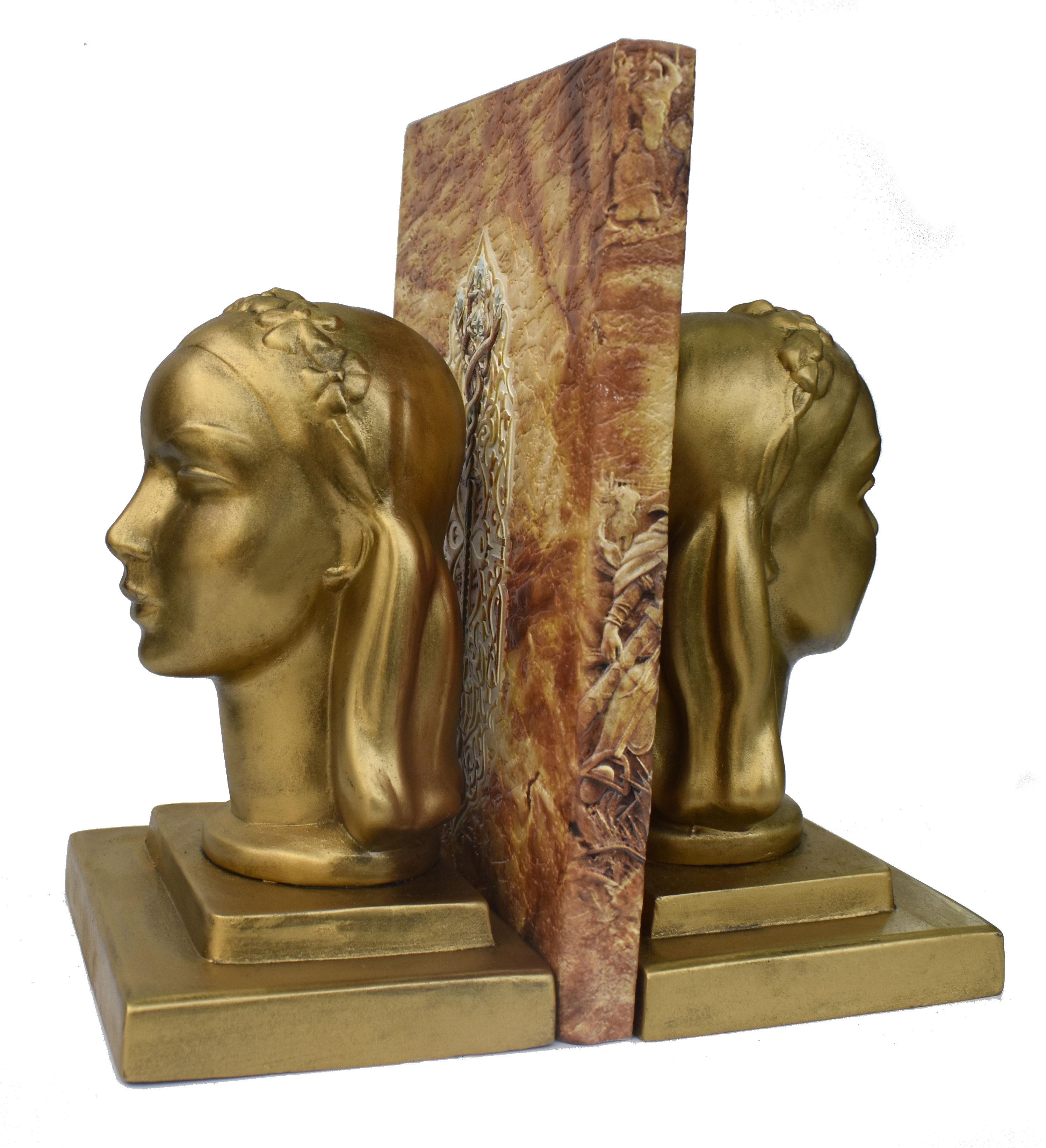20th Century Art Deco Female Bust Bookends by Frankart Inc, c1930
