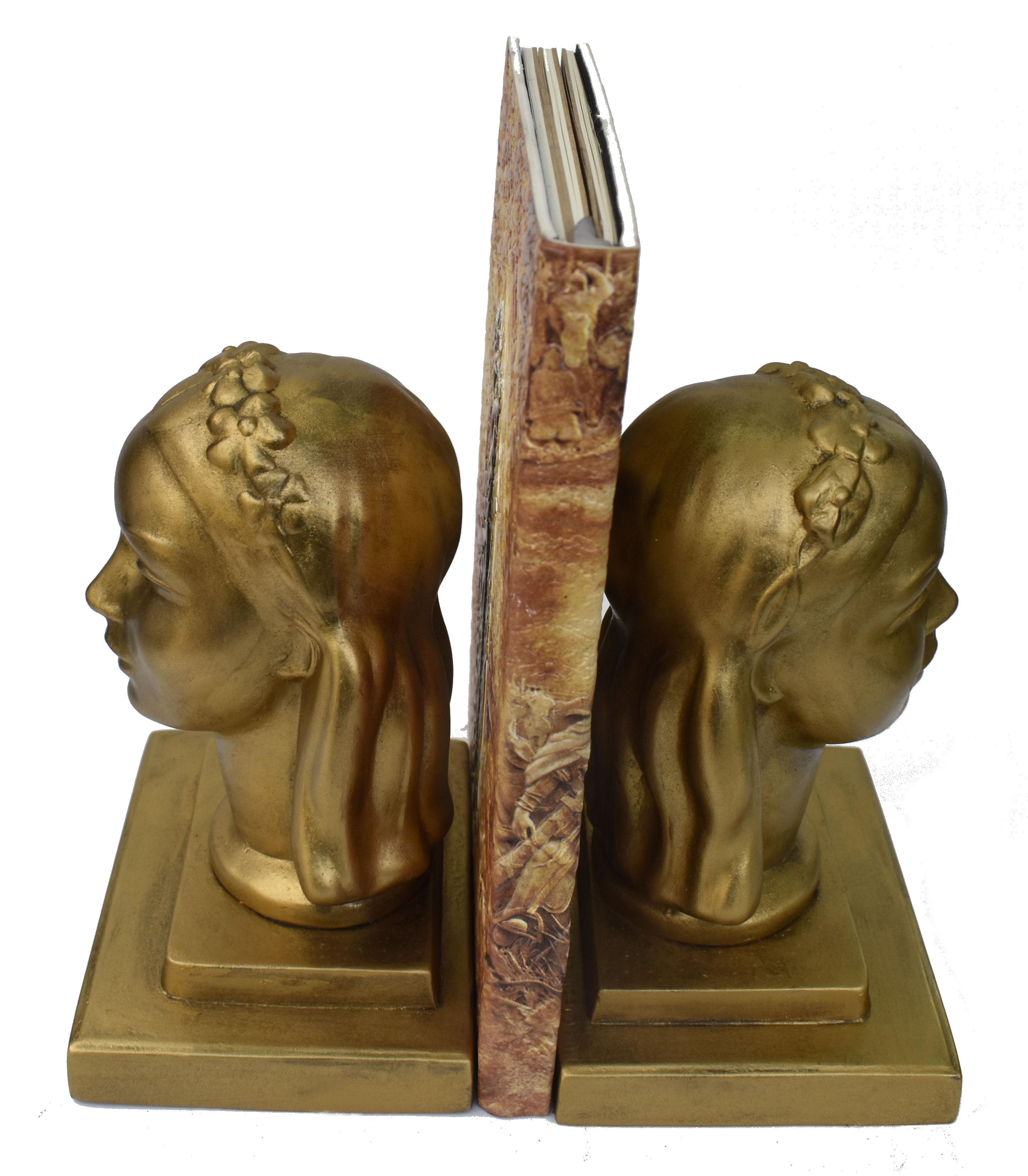 Metal Art Deco Female Bust Bookends by Frankart Inc, c1930