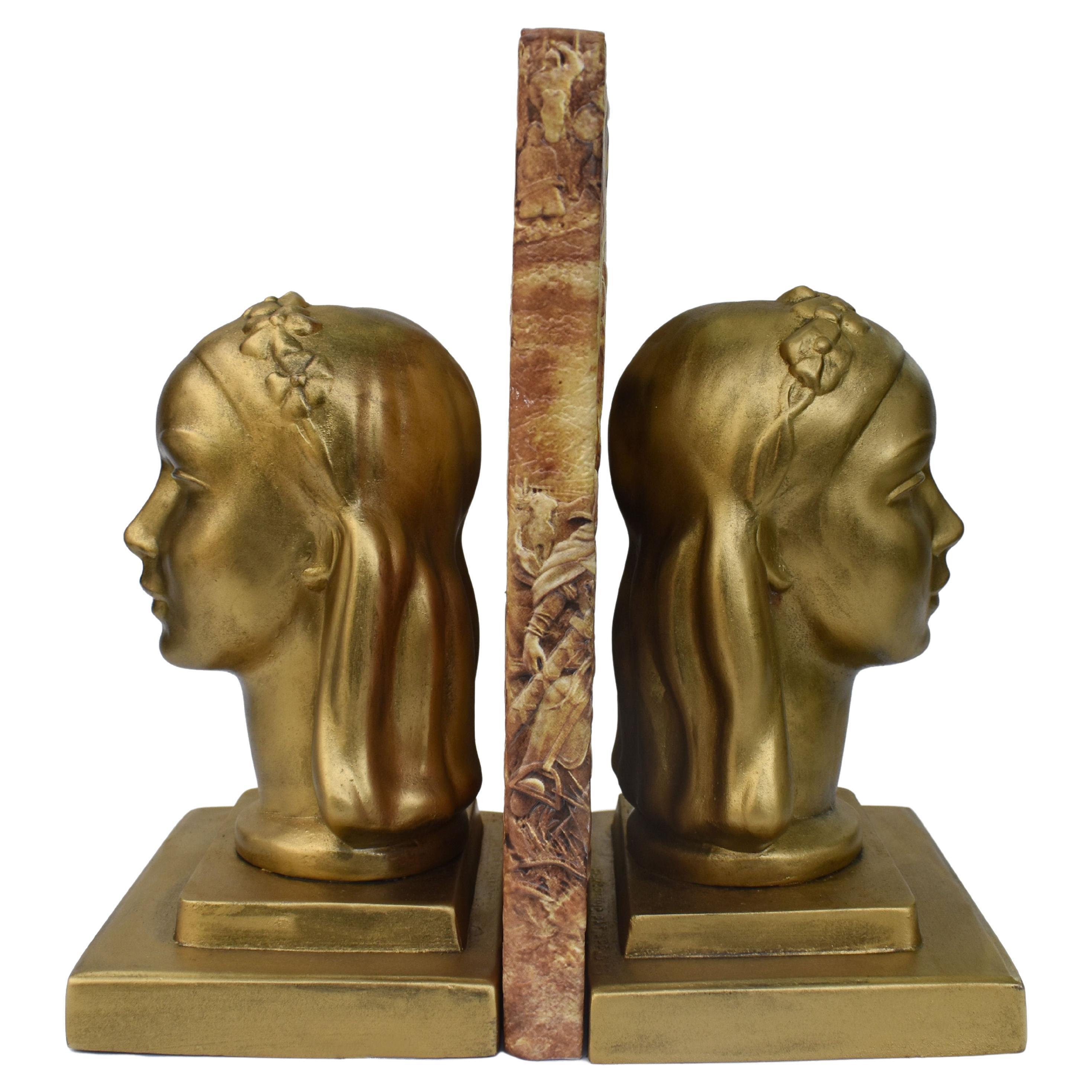 Art Deco Female Bust Bookends by Frankart Inc, c1930