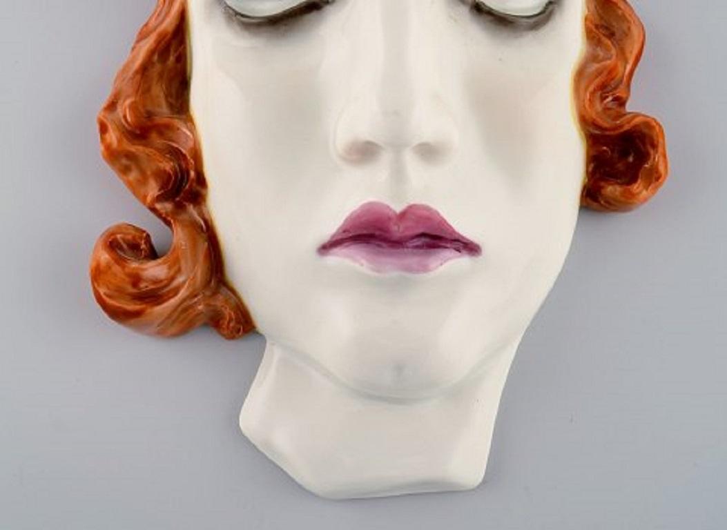 Art Deco Female Face in Hand Painted Glazed Ceramics, Germany, 1950s In Good Condition For Sale In Copenhagen, DK