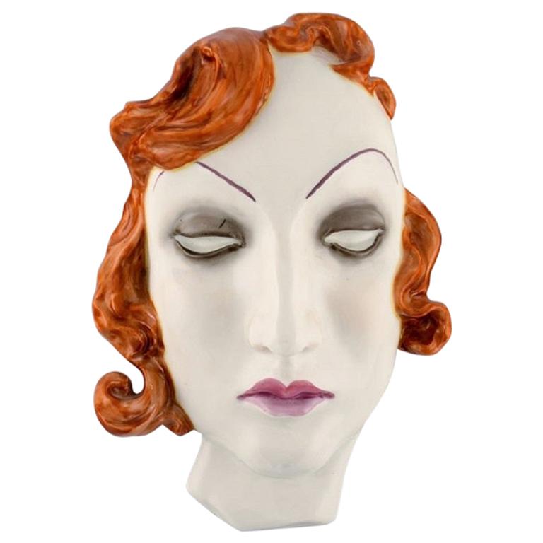 Art Deco Female Face in Hand Painted Glazed Ceramics, Germany, 1950s