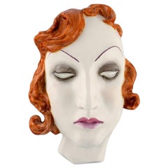 Vintage Art Deco Female Face in Hand Painted Glazed Ceramics, Germany, 1950s