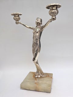 Art Deco Female 'Hollywood' Girl Candelabra In Spelter, c1930