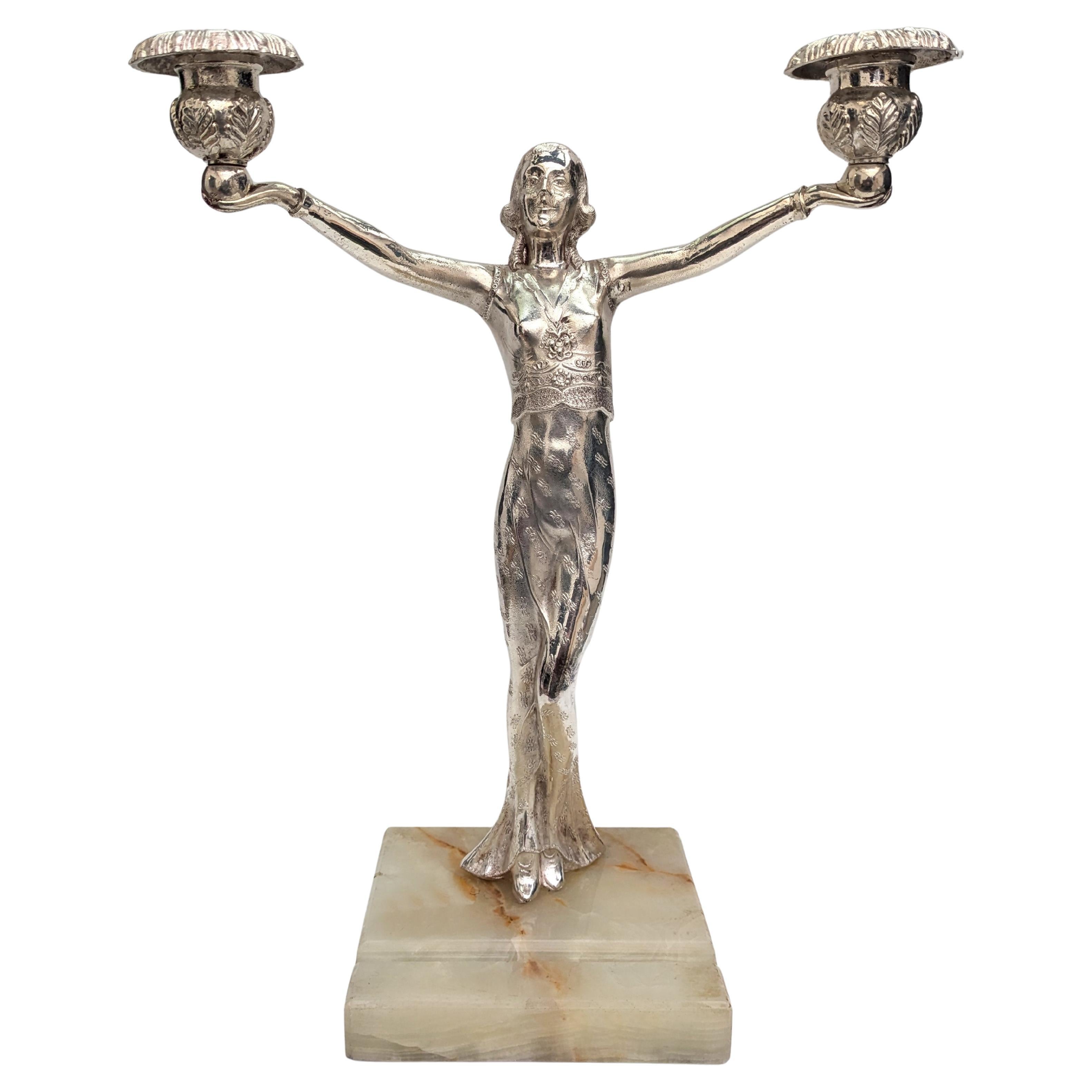 Candelabro Art Deco femminile 'Hollywood' in spelta, 1930 ca. in vendita
