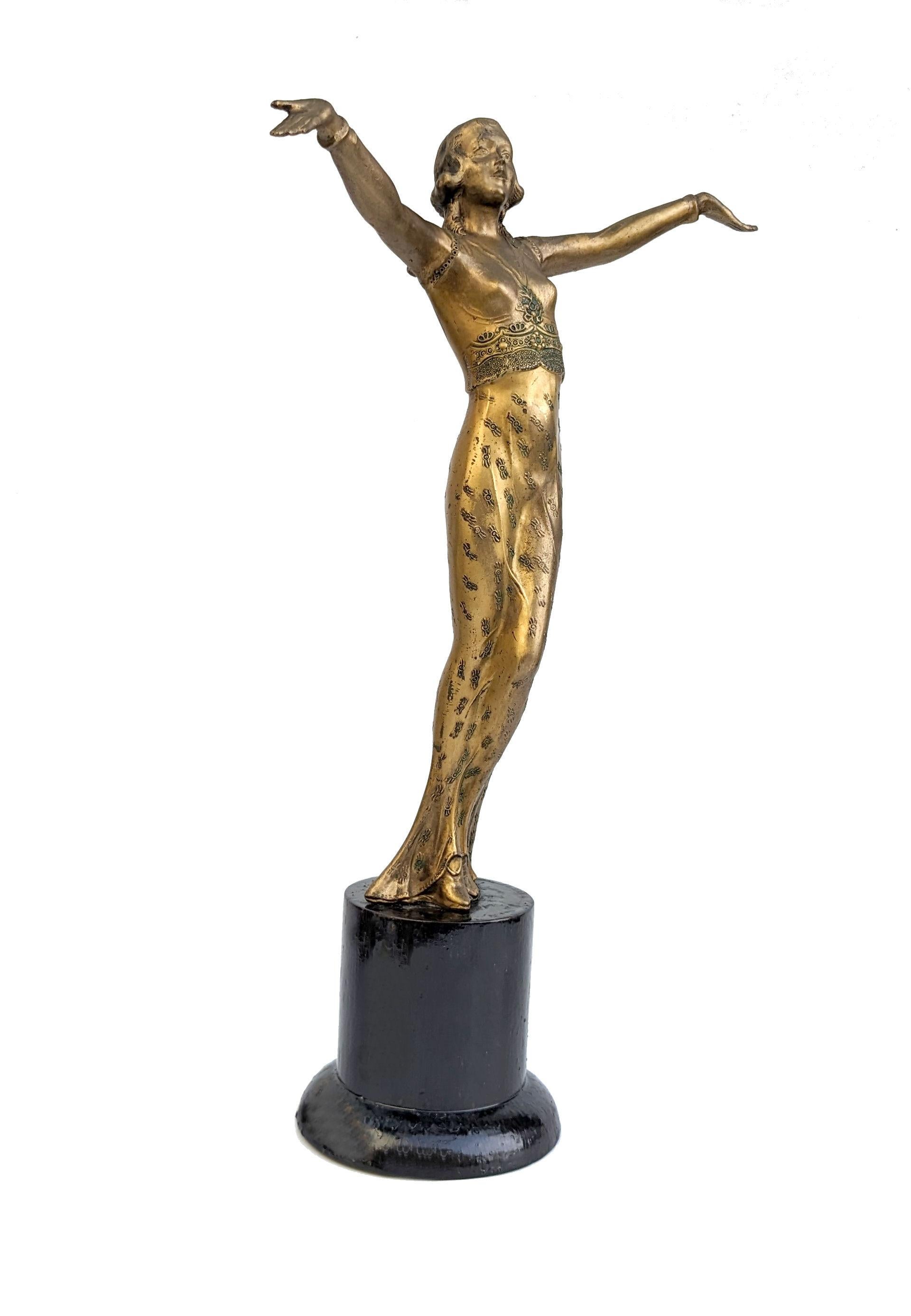 For your consideration is this superb Art Deco spelter female designed by Lorenzl. She's made from spelter and stands on an ebonized wooden plinth. Her overall height is 38 cm! she looks stunning at every angle and typifies everything about the Art