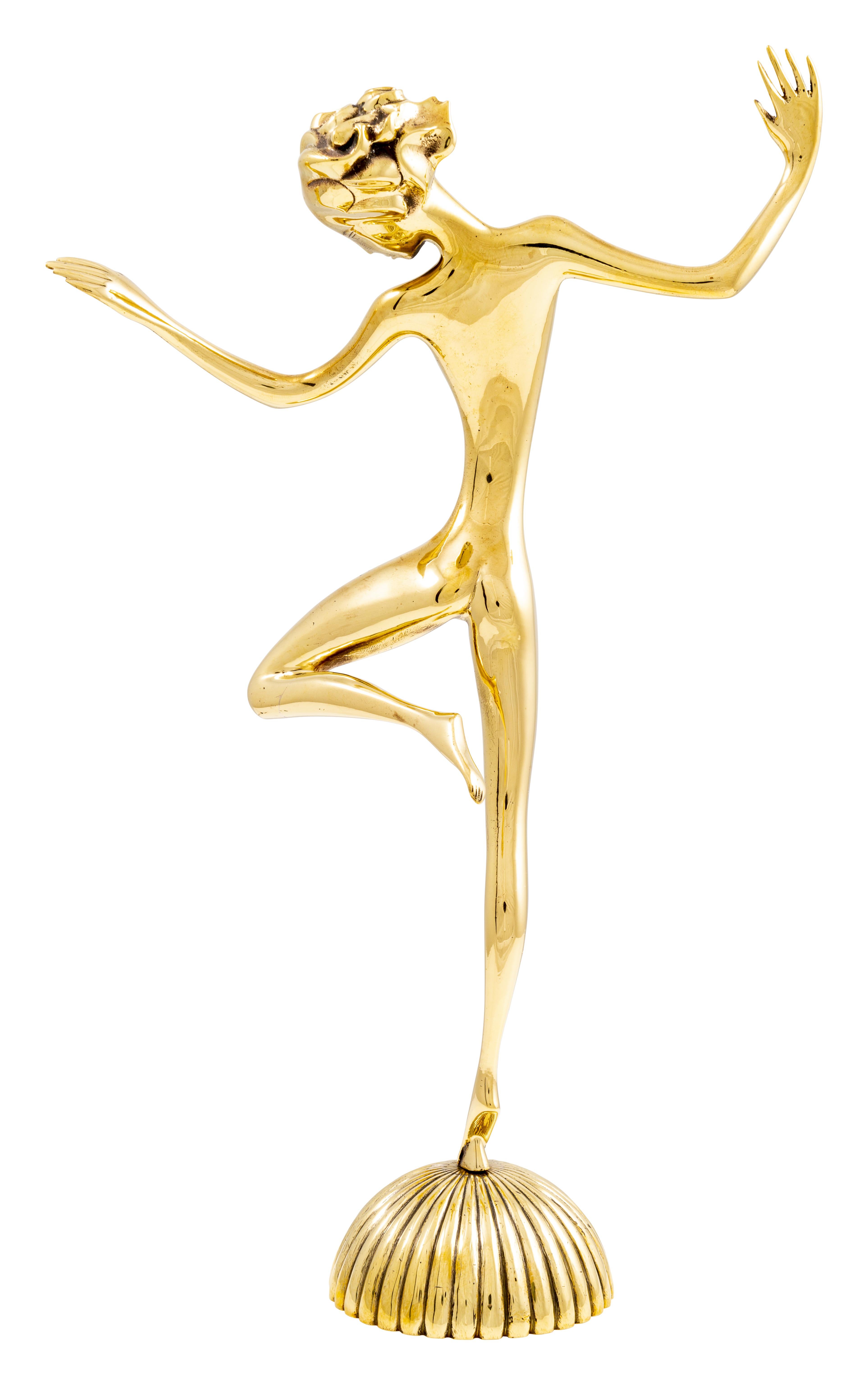 Art Deco female nude dancer brass Werkstatte Hagenauer Vienna Austria circa 1930

Female depictions played a crucial role in the oeuvre of both Hagenauer brothers since the very beginning of their careers. Throughout the years they created an