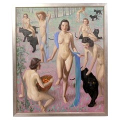 Art Deco Female Nudes Painting circa 1930s - Impressive Size 38" x 32"