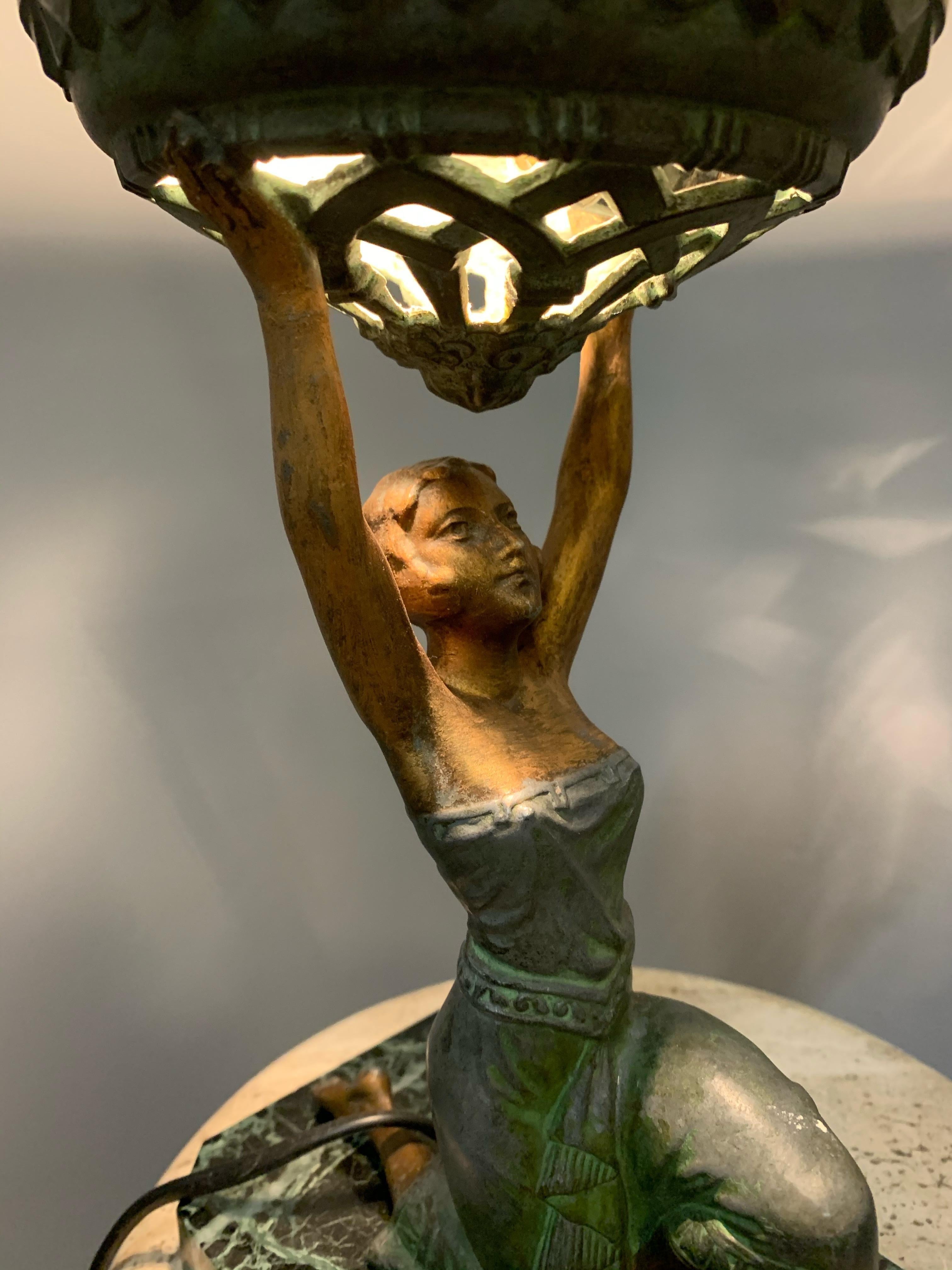 Art Deco Female Sculpture on a Marble Base Table Lamp Marcel Bouraine Attributed 4