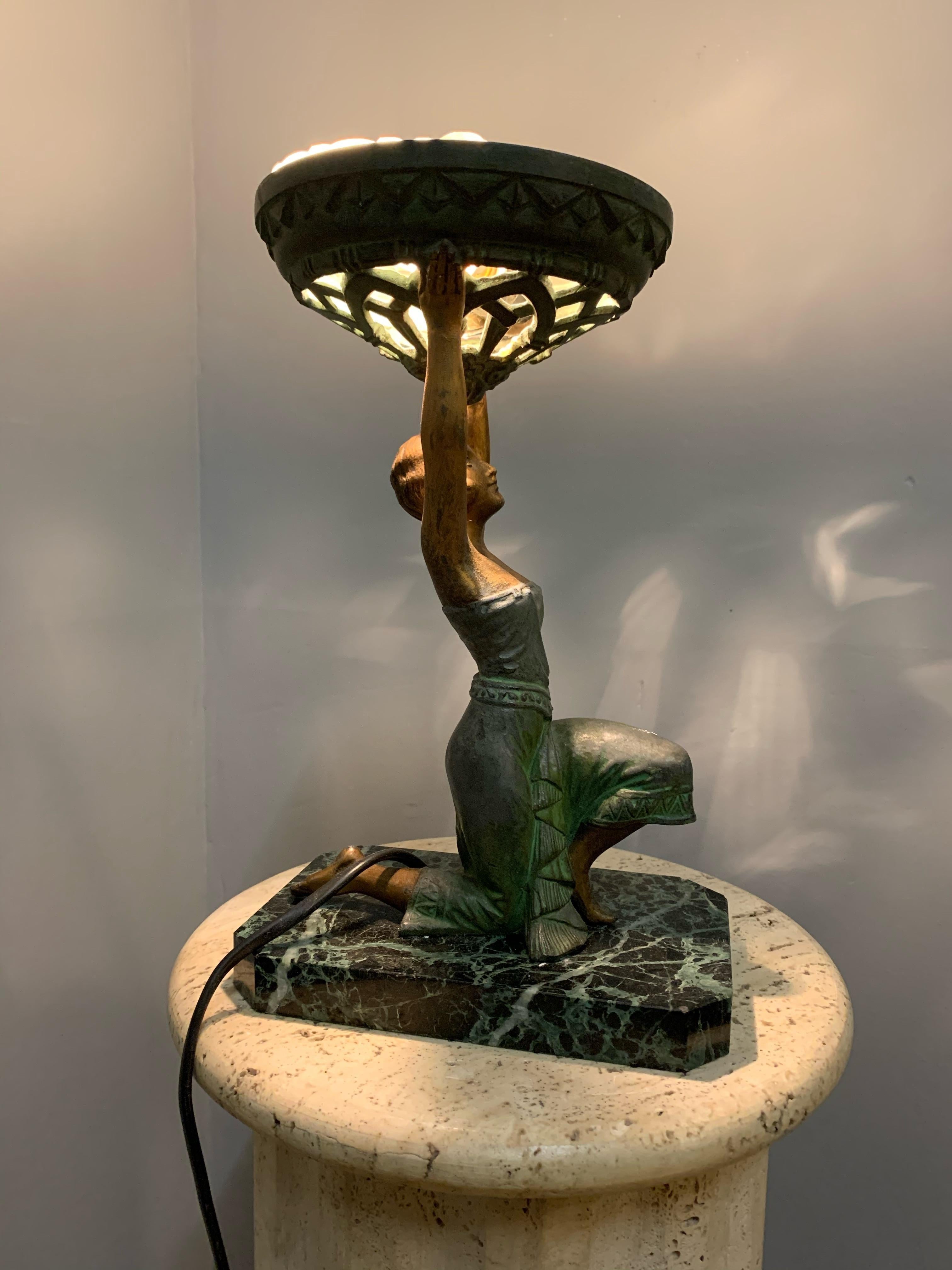 20th Century Art Deco Female Sculpture on a Marble Base Table Lamp Marcel Bouraine Attributed