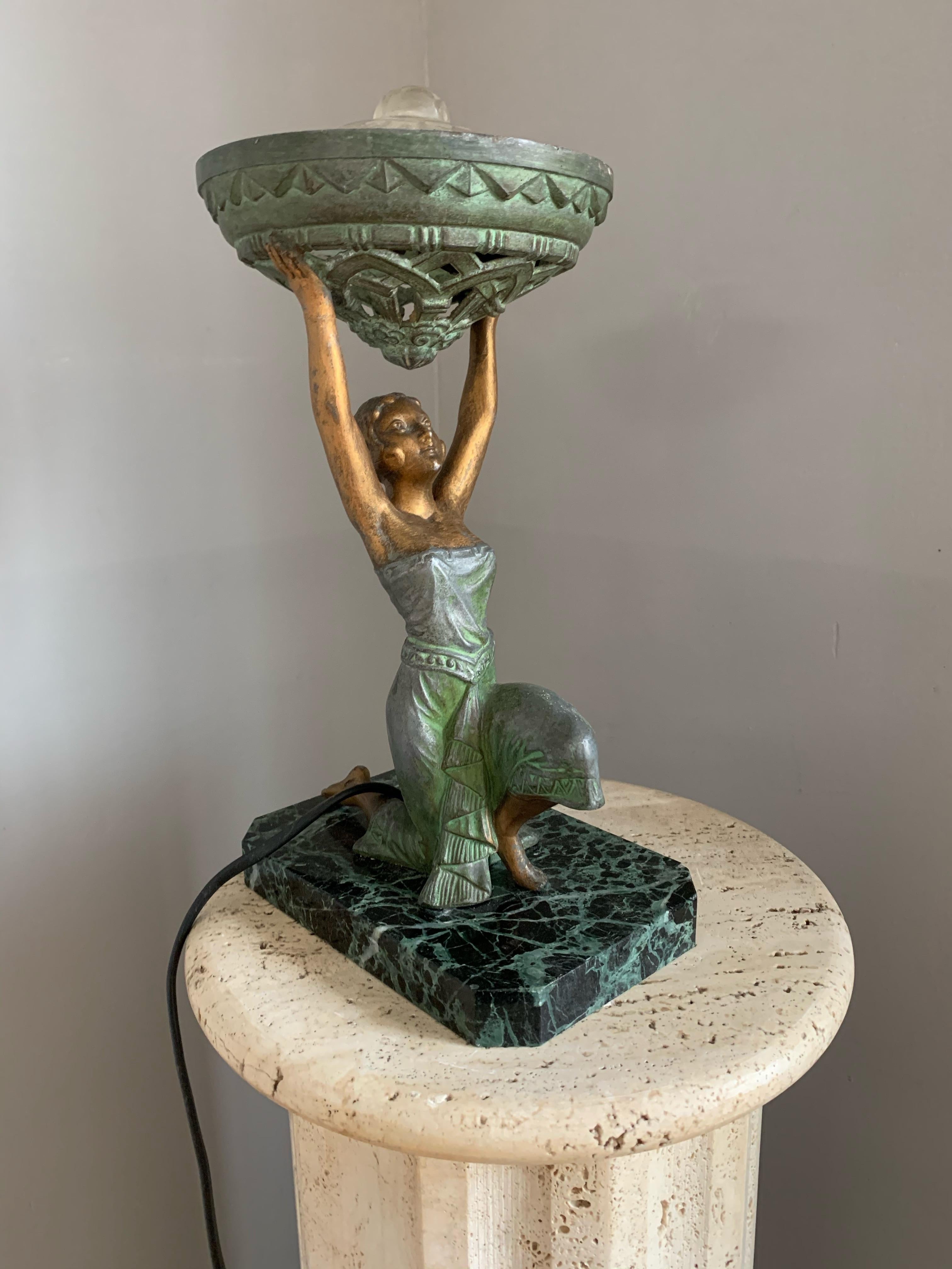 Art Deco Female Sculpture on a Marble Base Table Lamp Marcel Bouraine Attributed 9
