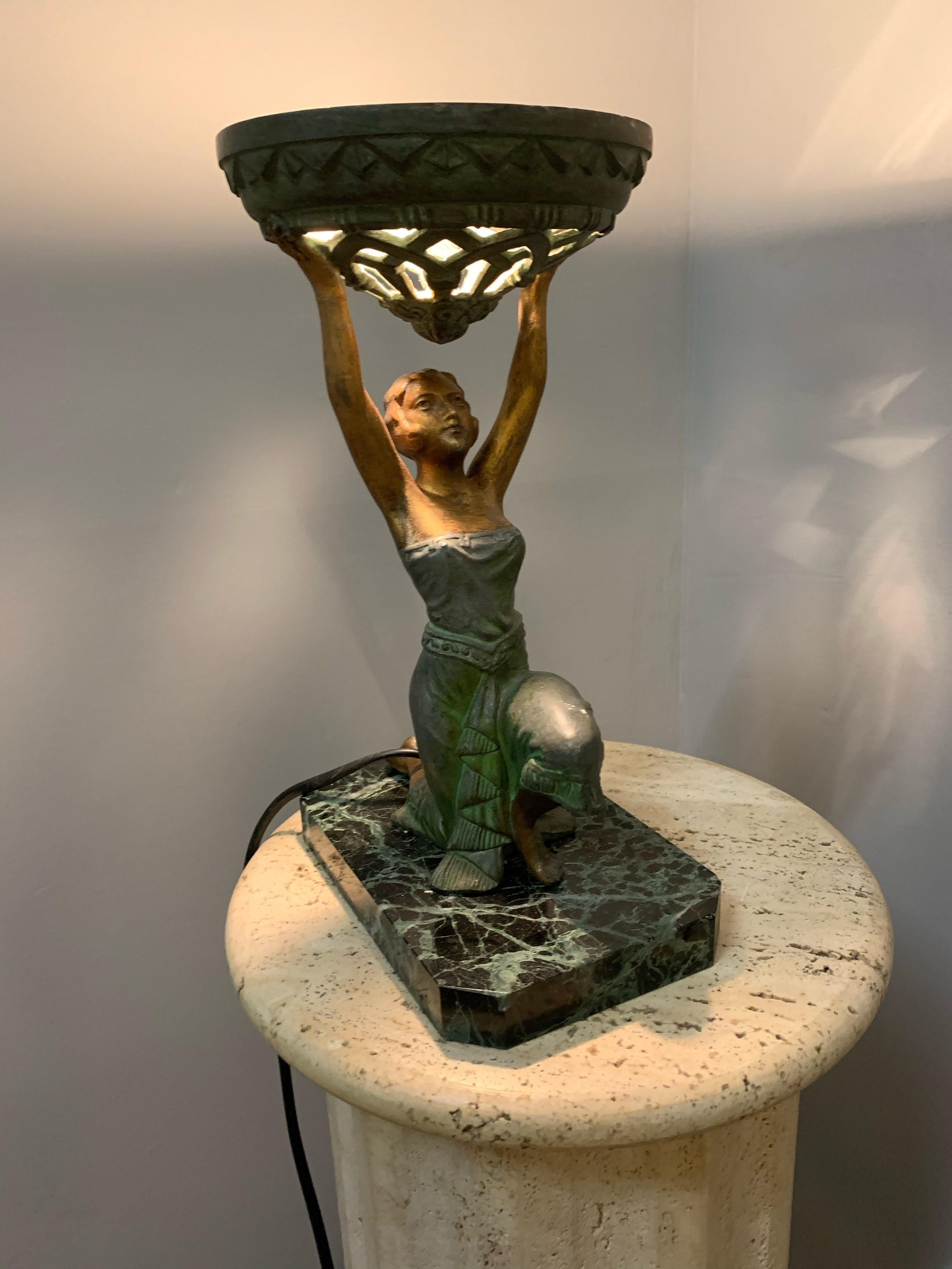 Art Deco Female Sculpture on a Marble Base Table Lamp Marcel Bouraine Attributed 8