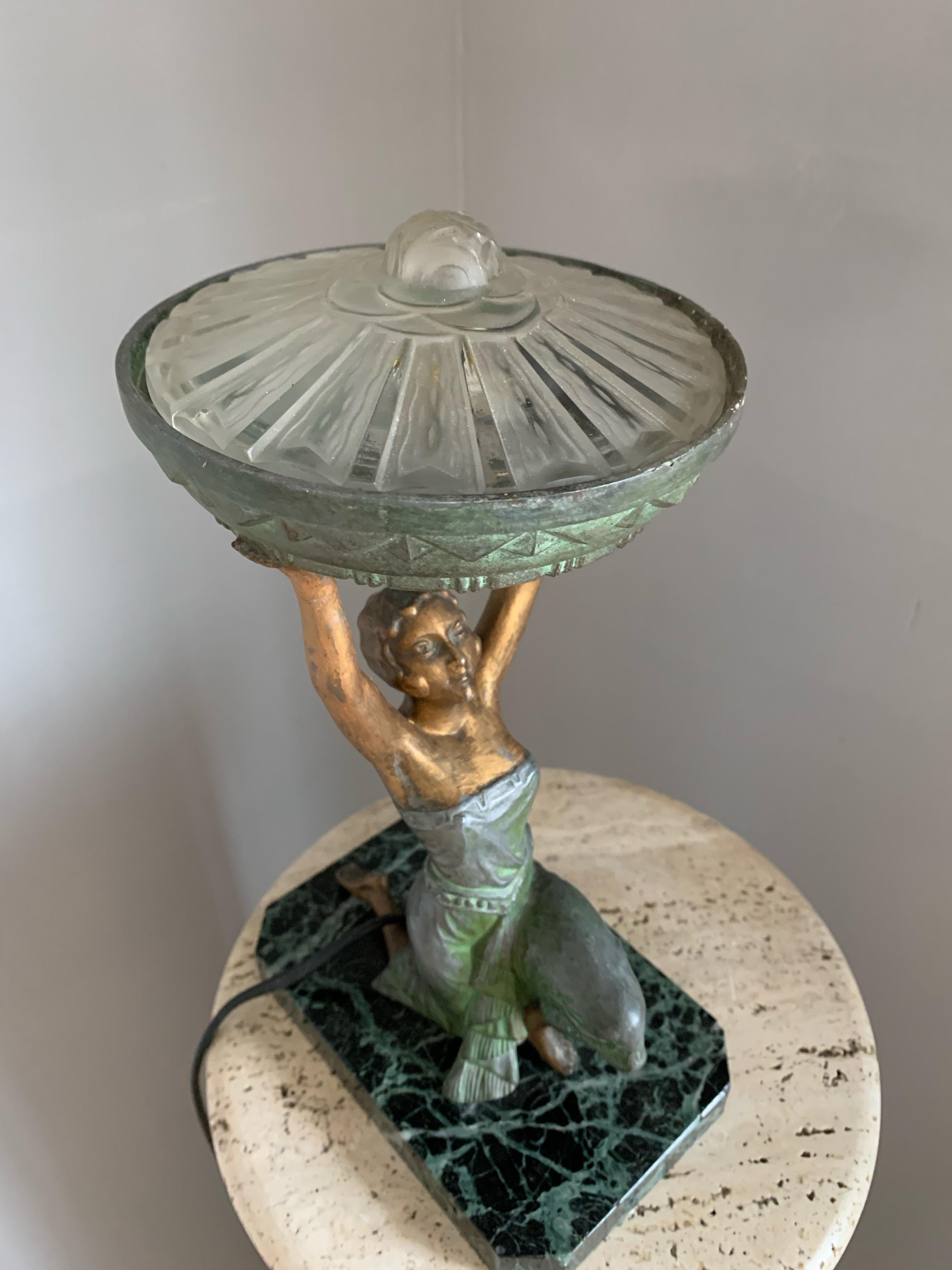 French Art Deco Female Sculpture on a Marble Base Table Lamp Marcel Bouraine Attributed