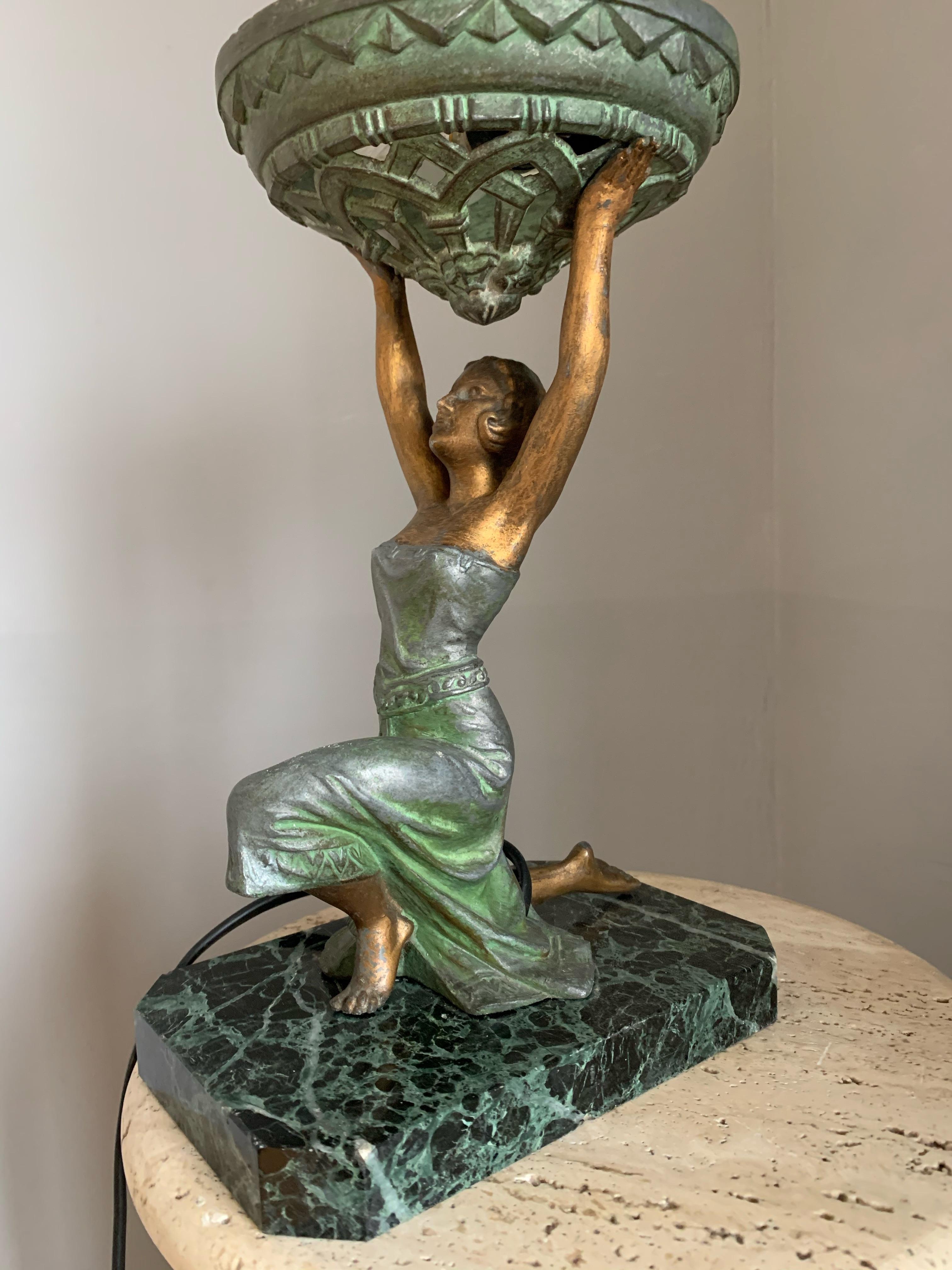 Spelter Art Deco Female Sculpture on a Marble Base Table Lamp Marcel Bouraine Attributed