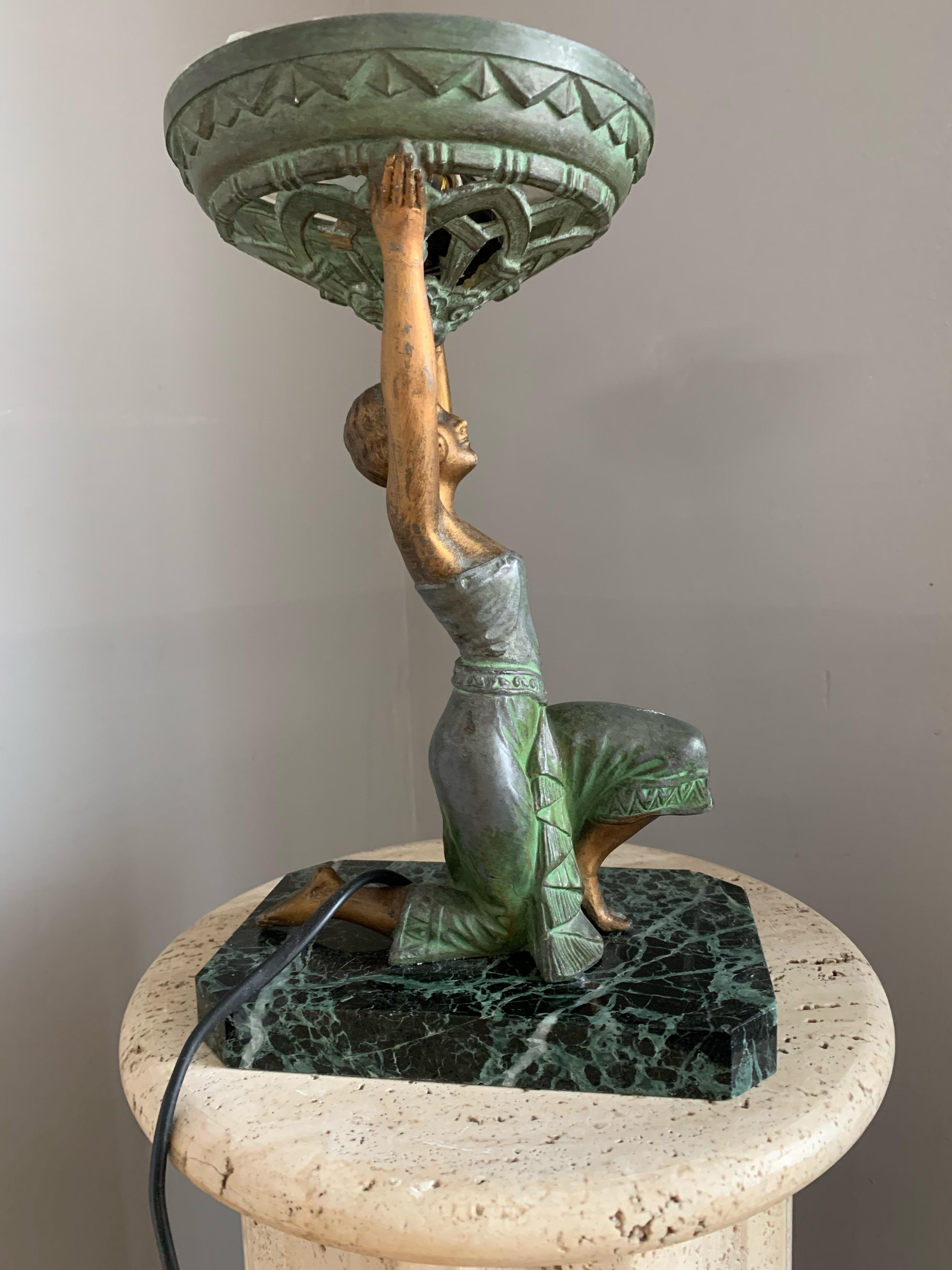 Art Deco Female Sculpture on a Marble Base Table Lamp Marcel Bouraine Attributed 1