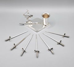 Art Deco Female Skier Silver Plate Cocktail Stick Set, Spain, c. 1920s