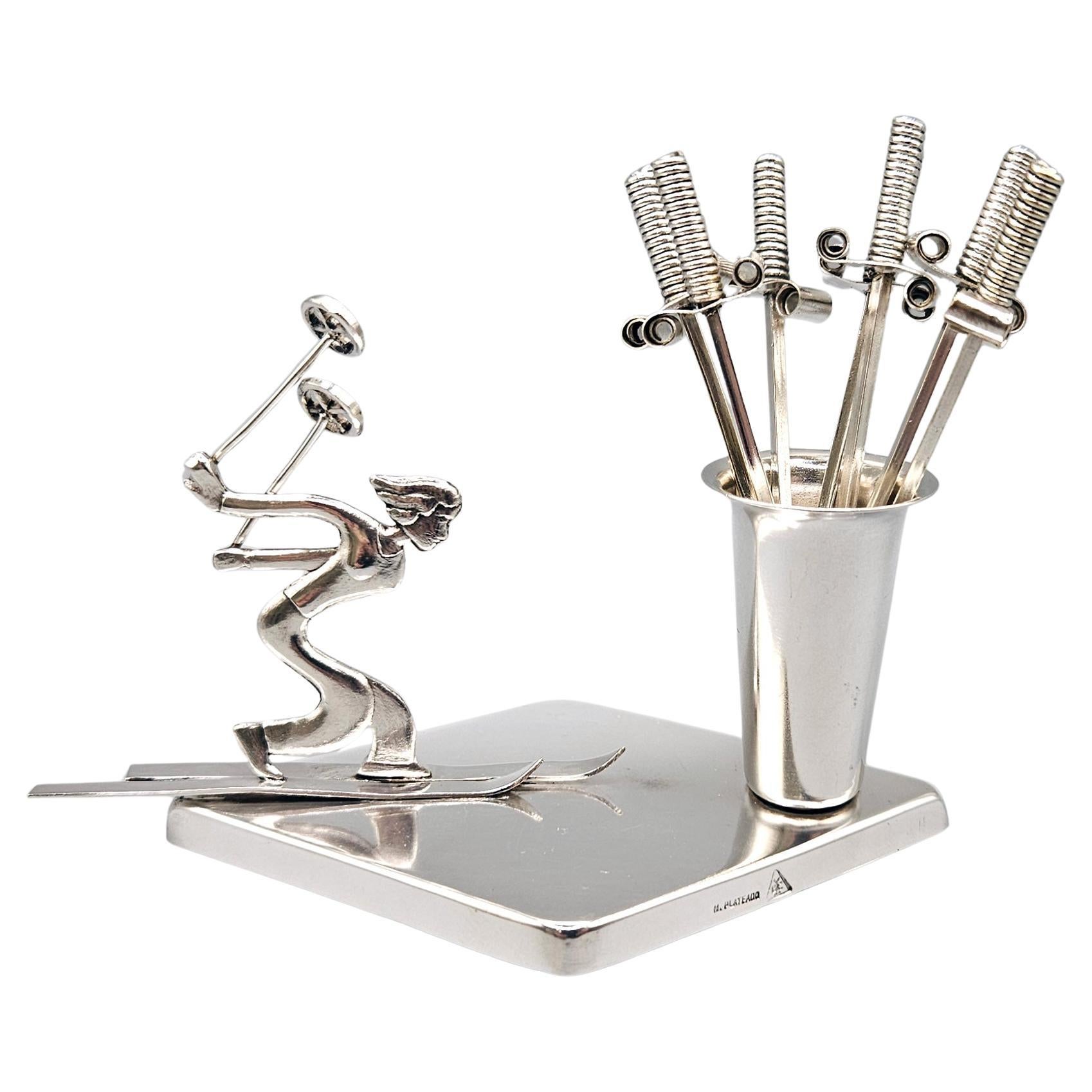 Art Deco Female Skier Silver Plate Cocktail Stick Set, Spain, c. 1920s