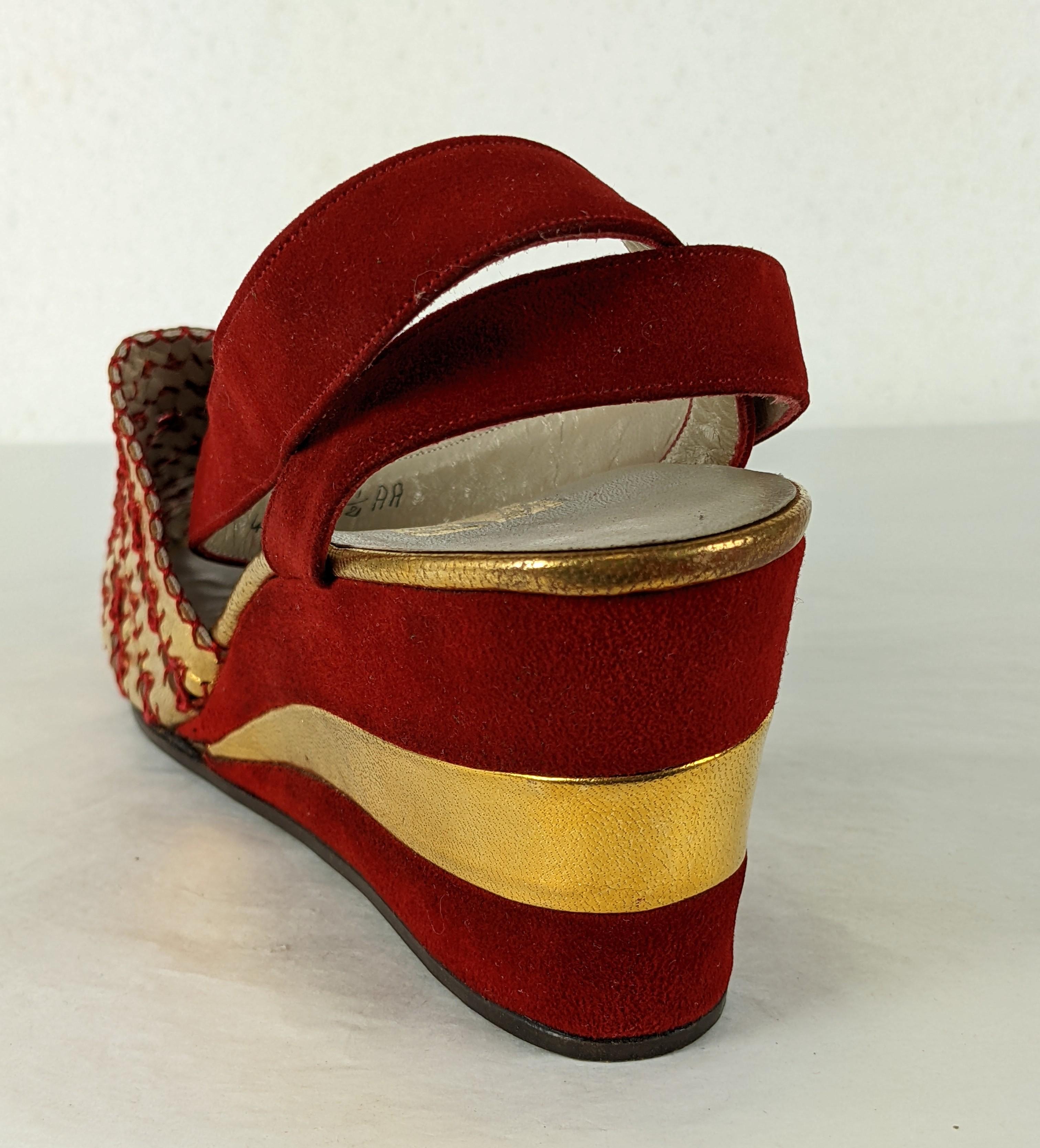 Art Deco Ferragamo Gold Kid and Red Suede Wedges For Sale 3