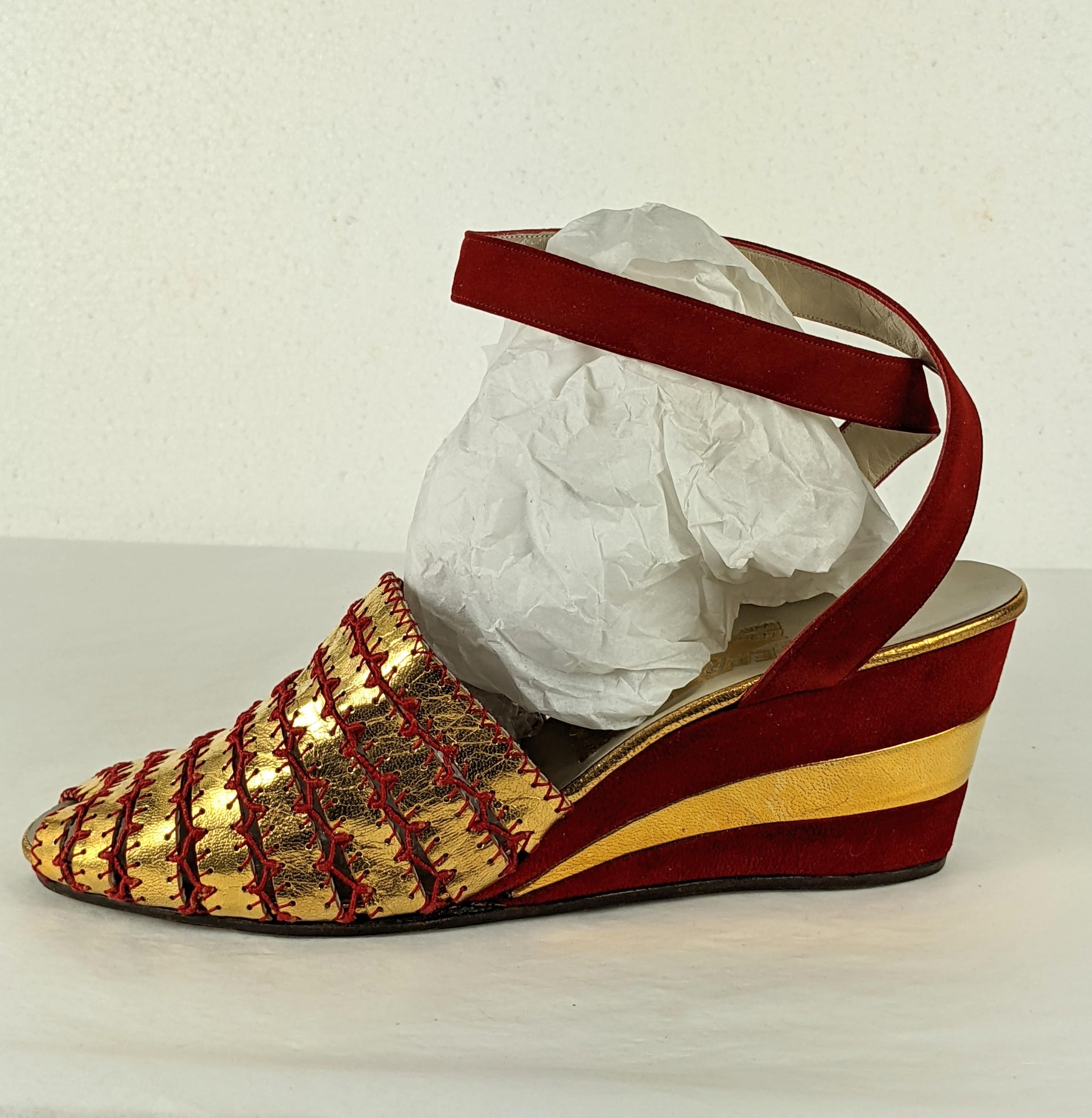 Art Deco Ferragamo Gold Kid and Red Suede Wedges For Sale 4