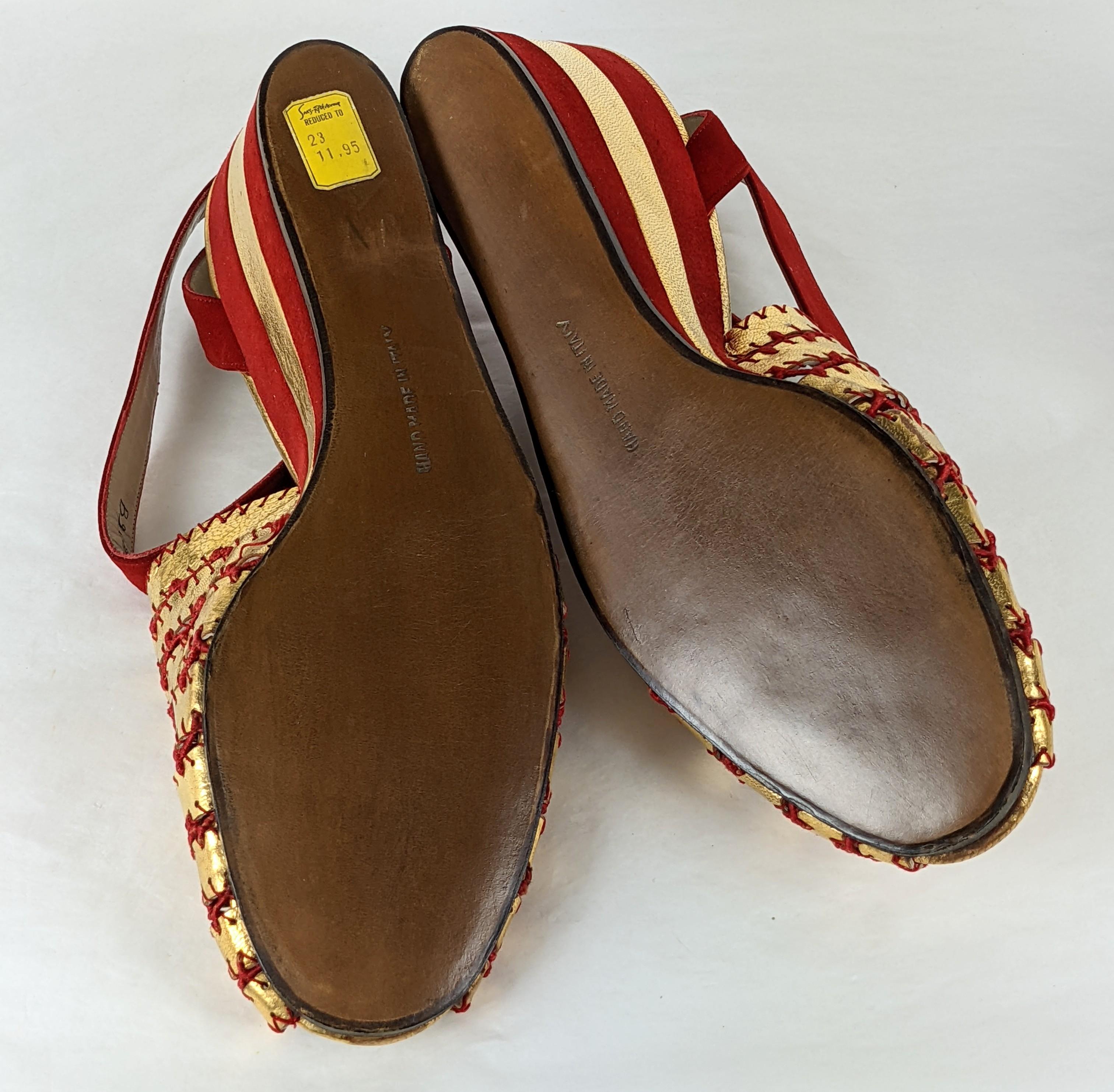 Art Deco Ferragamo Gold Kid and Red Suede Wedges For Sale 5