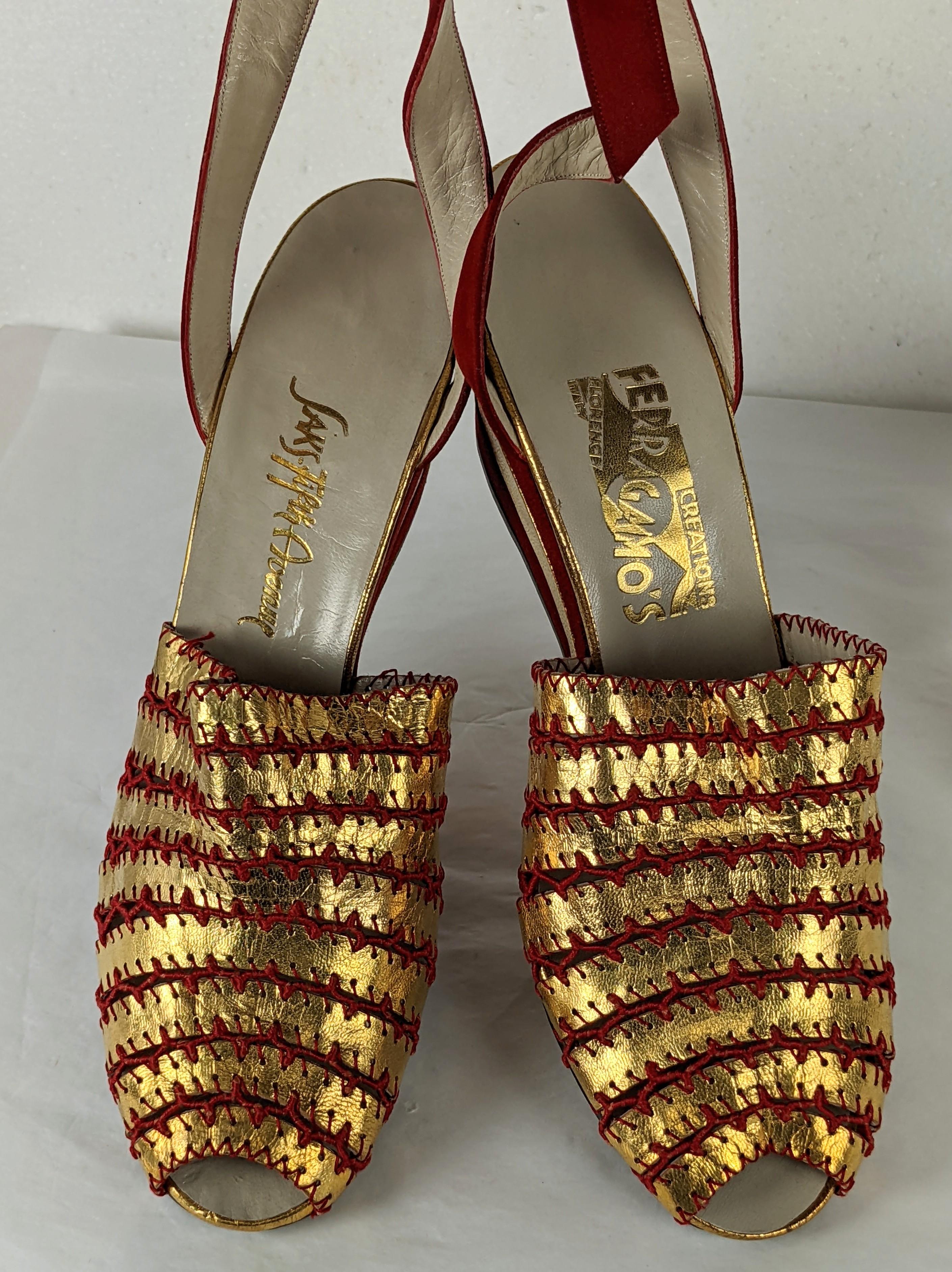 Art Deco Ferragamo Gold Kid and Red Suede Wedges For Sale 6