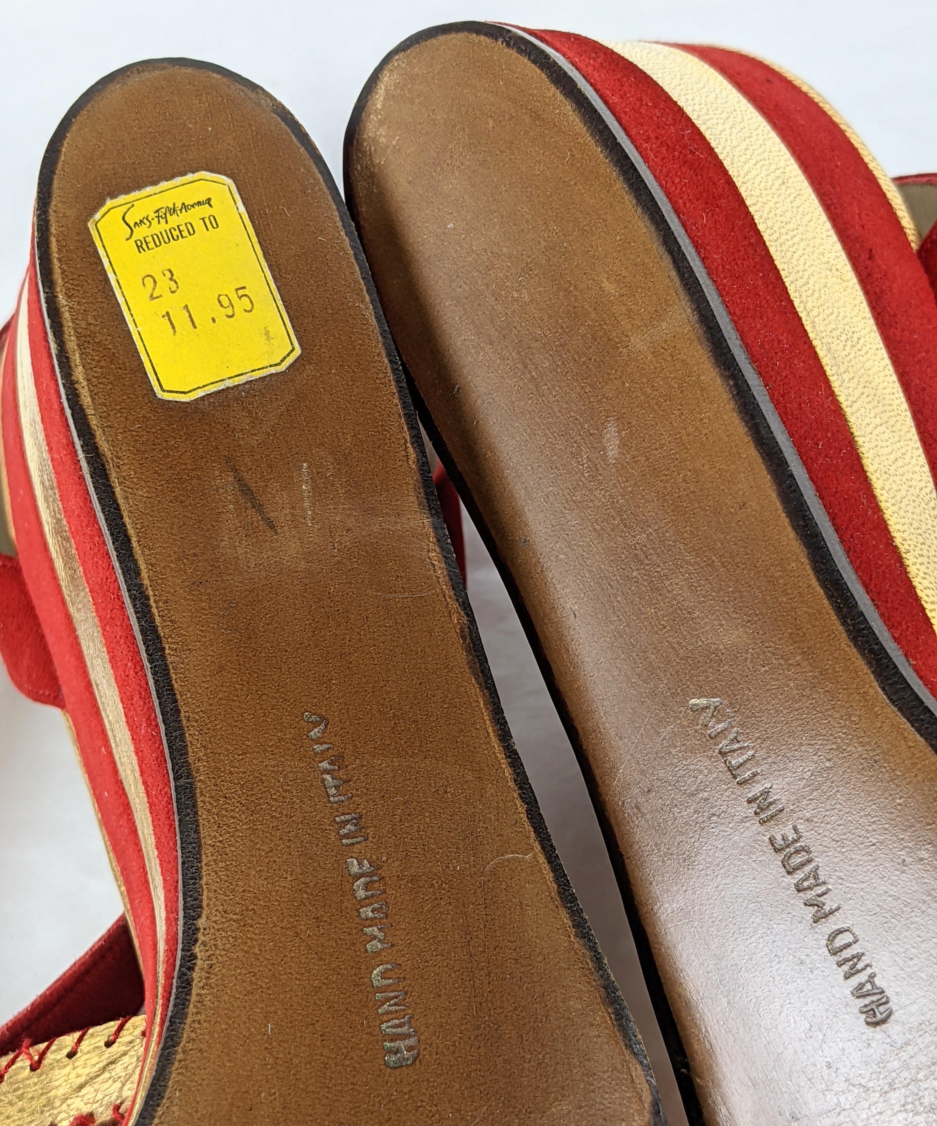 Art Deco Ferragamo Gold Kid and Red Suede Wedges For Sale 7