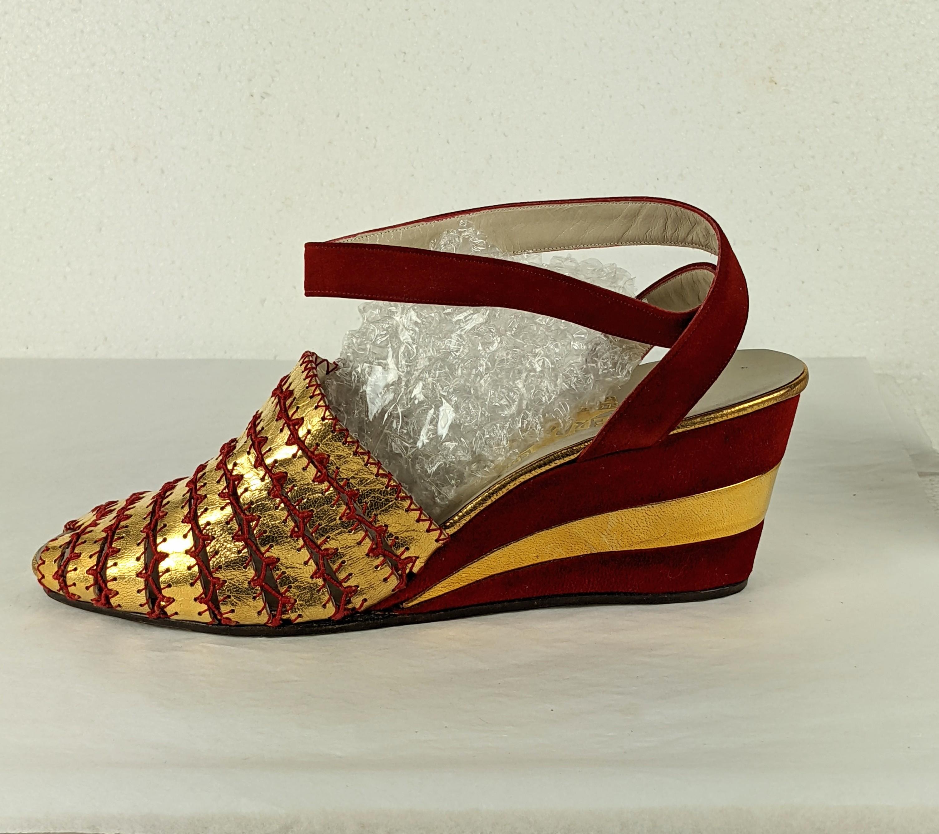 Art Deco Ferragamo Gold Kid and Red Suede Wedges For Sale 8