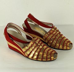 Art Deco Ferragamo Gold Kid and Red Suede Wedges