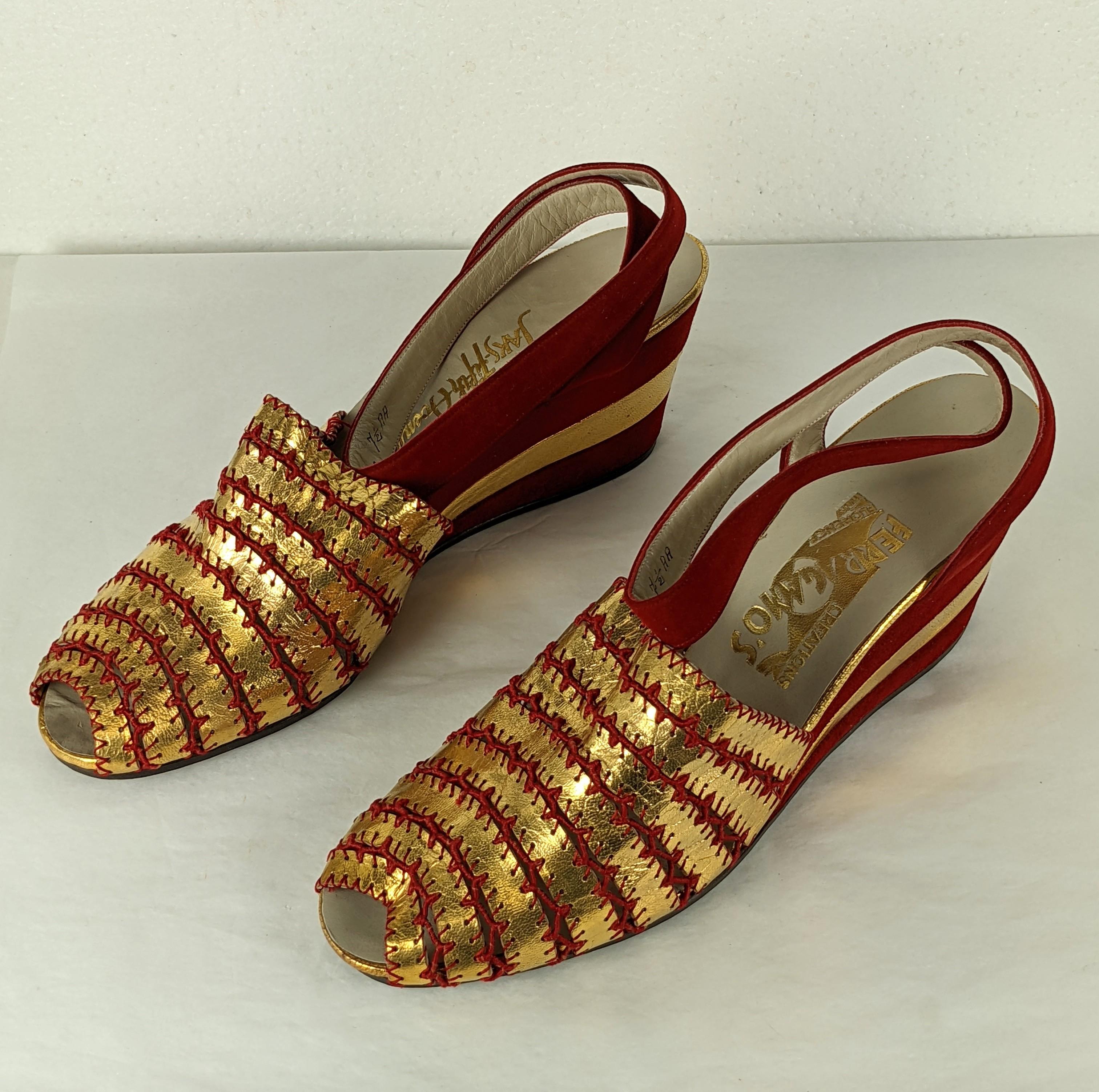 Brown Art Deco Ferragamo Gold Kid and Red Suede Wedges For Sale