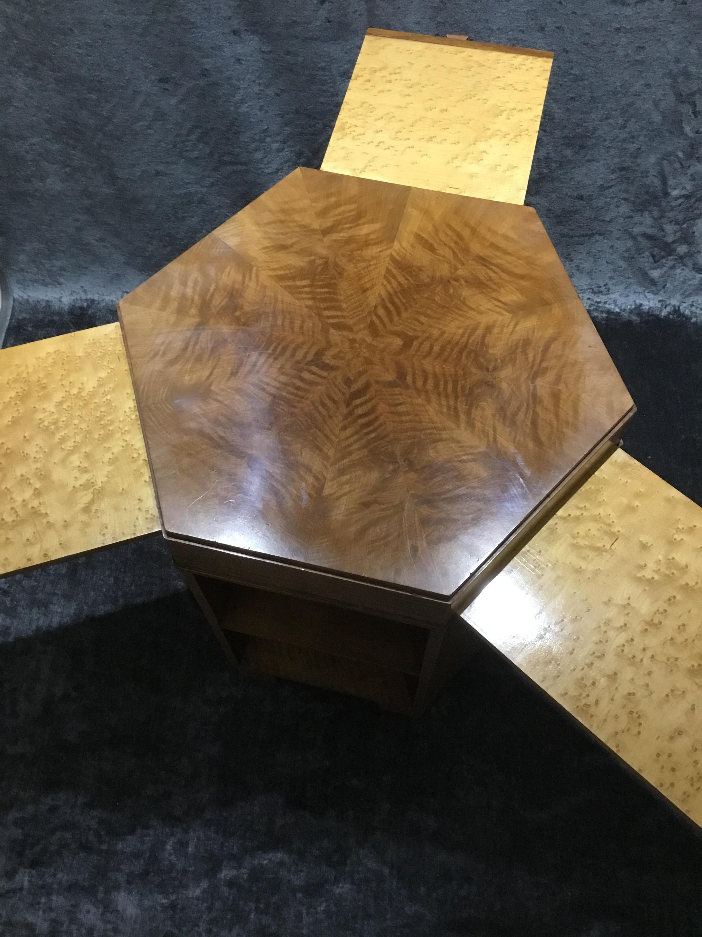 English Art Deco Fiddleback Maple Hexagonal Side/Library/Coffee Table For Sale
