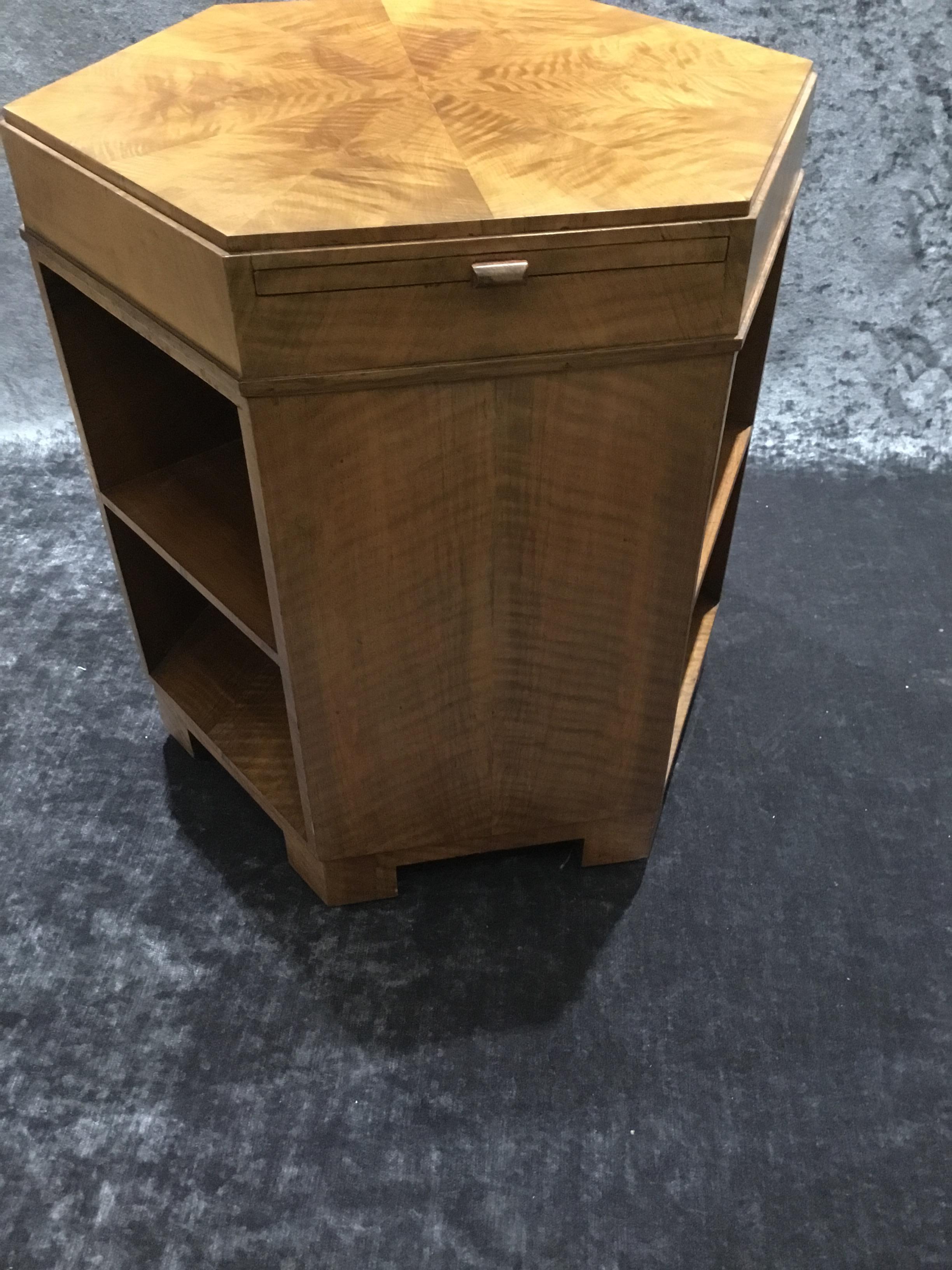 Art Deco Fiddleback Maple Hexagonal Side/Library/Coffee Table For Sale 1