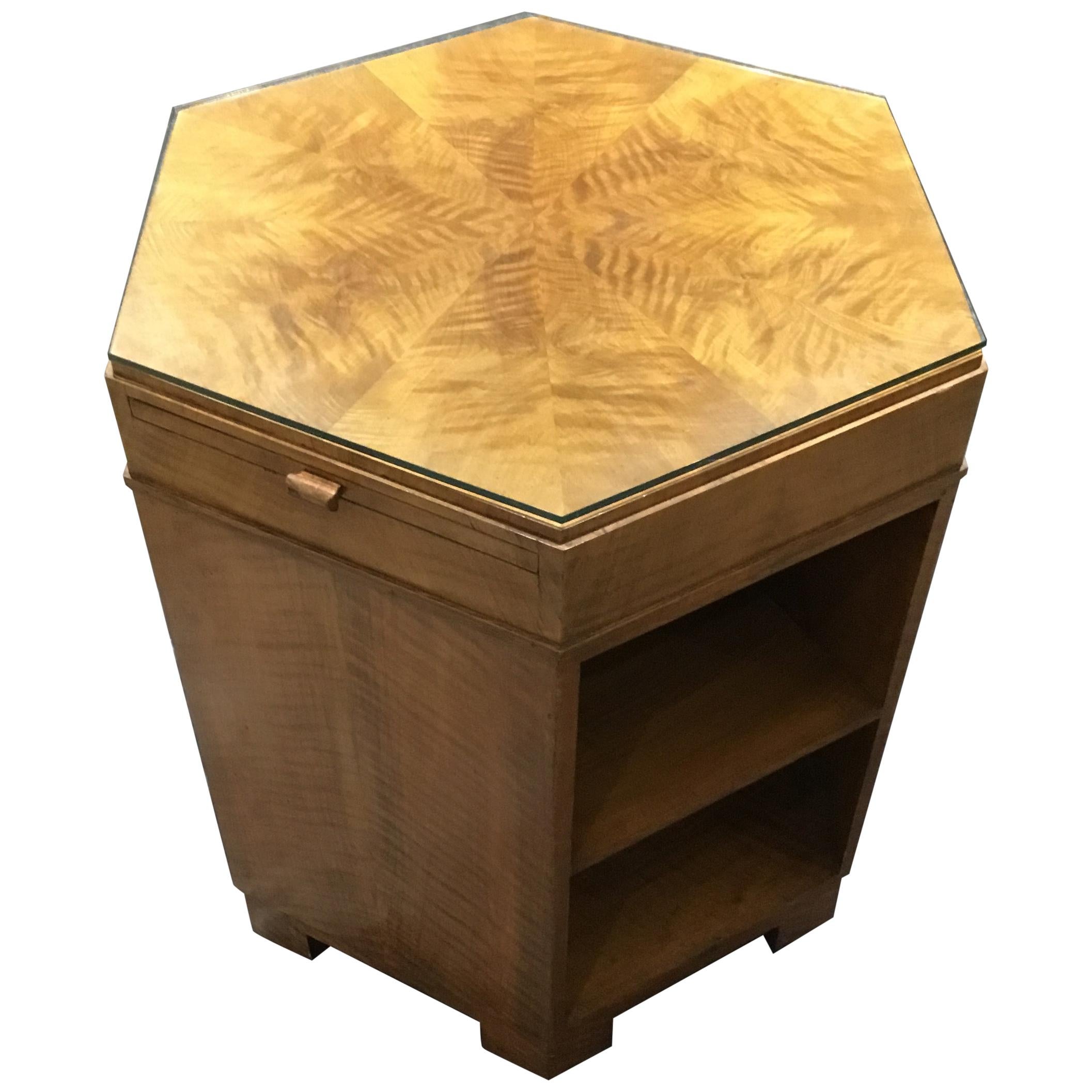 Art Deco Fiddleback Maple Hexagonal Side/Library/Coffee Table For Sale