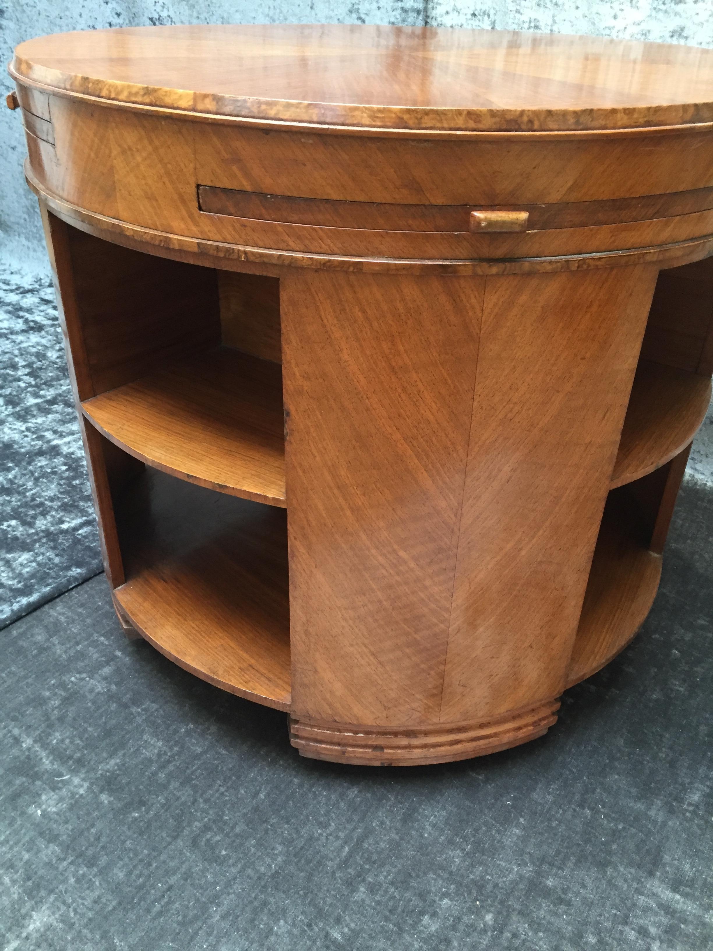English Art Deco Fiddleback Maple Round Side/Library/Coffee Table For Sale