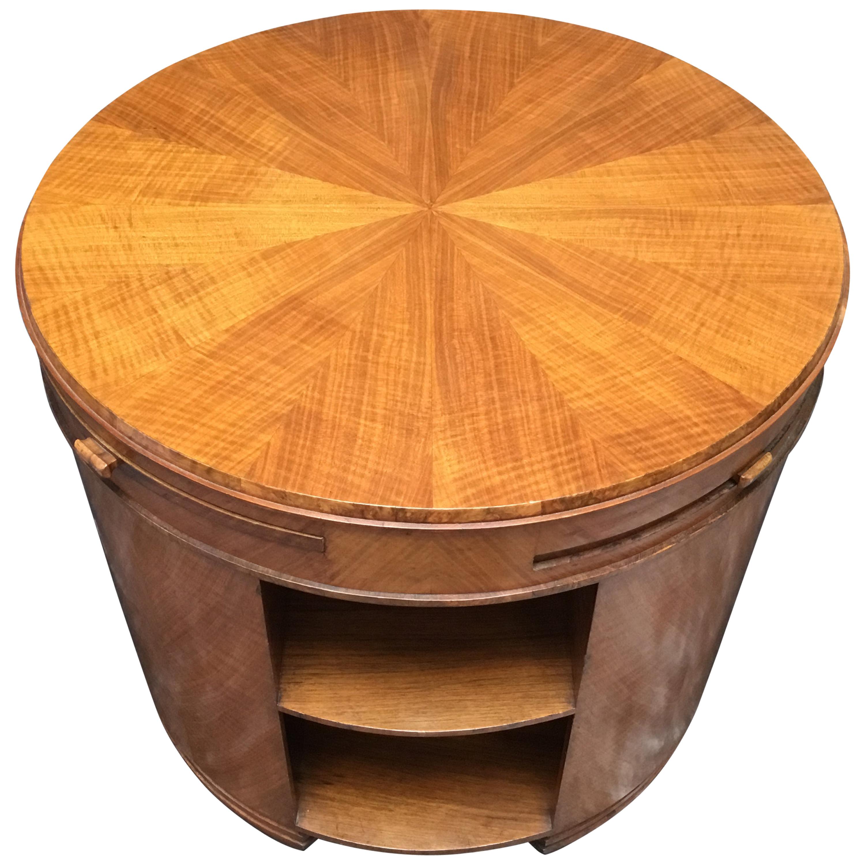 Art Deco Fiddleback Maple Round Side/Library/Coffee Table For Sale