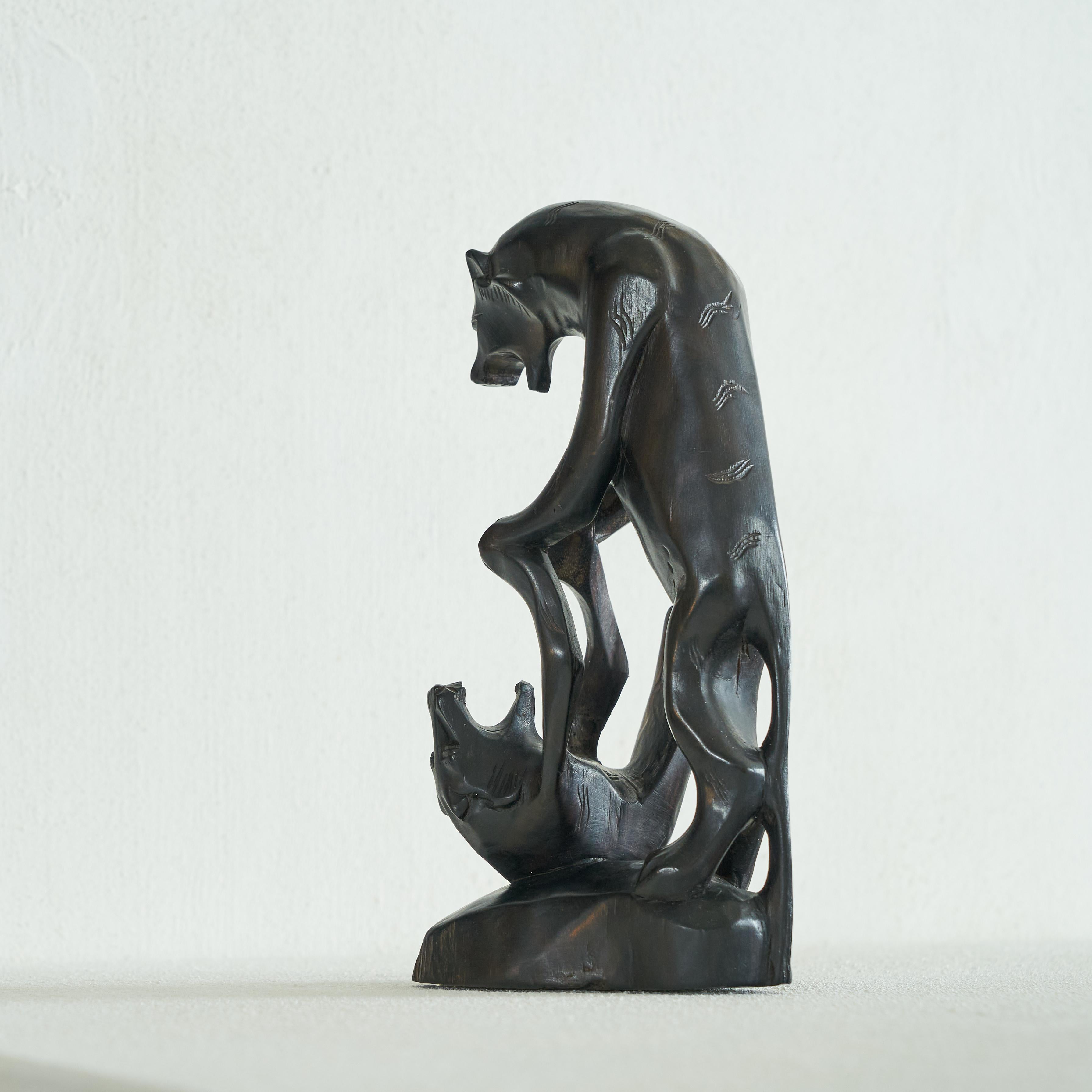 Hand-Crafted Art Deco Fighting Panthers Sculpture in Wood For Sale