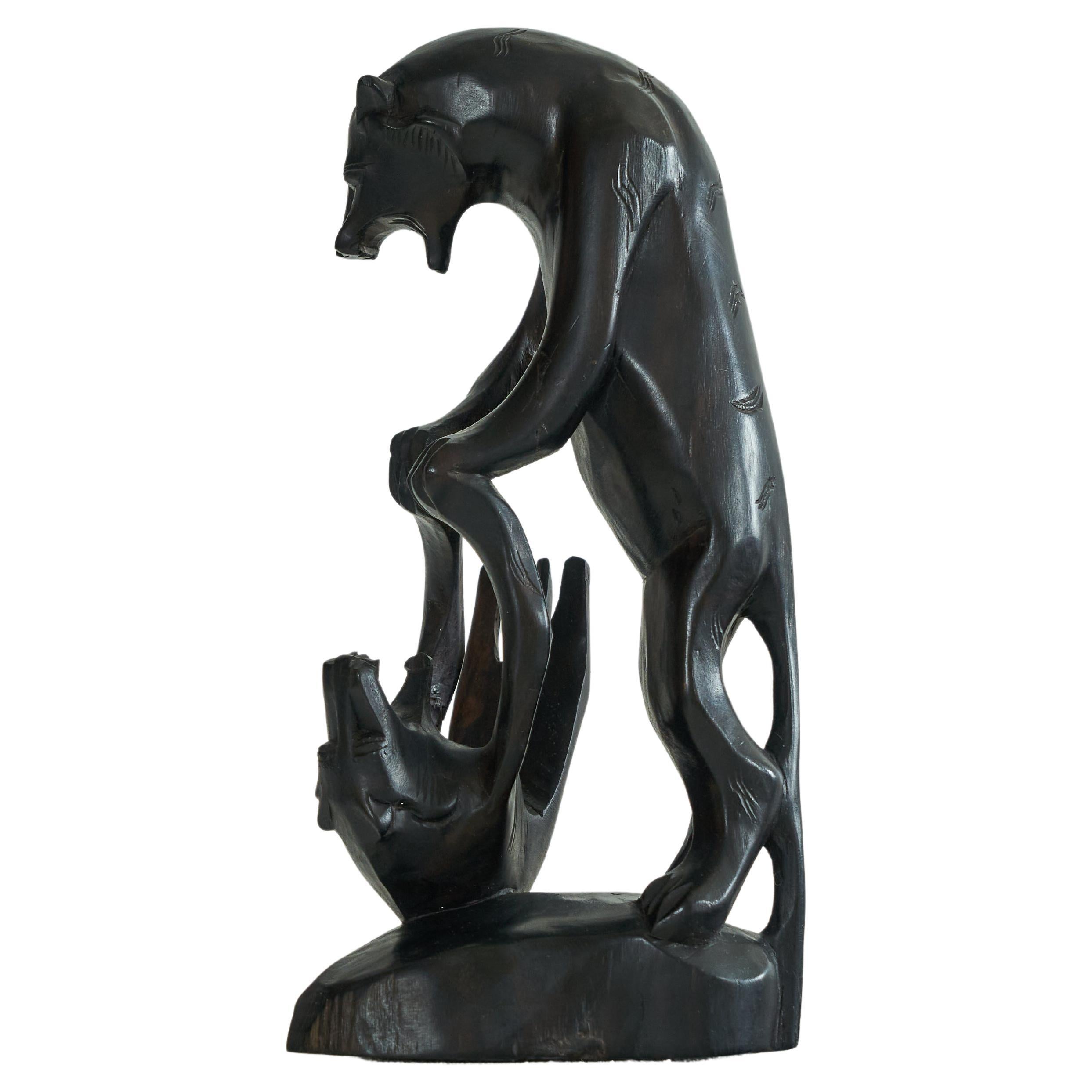 Skulptur „Fighting Panthers“ aus Holz, Art déco