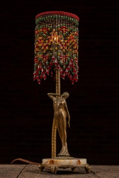 Art Deco Figural Boudoir Lamp with Beaded Shade by Rembrandt