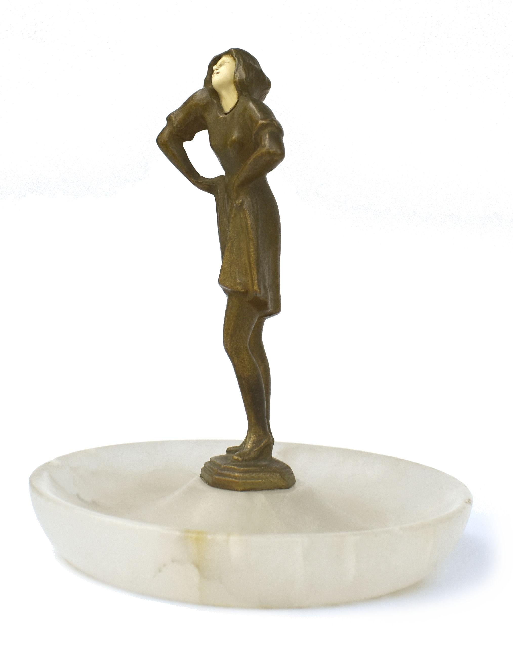 French Art Deco Figural Brass Trinket Tray, c1930 For Sale
