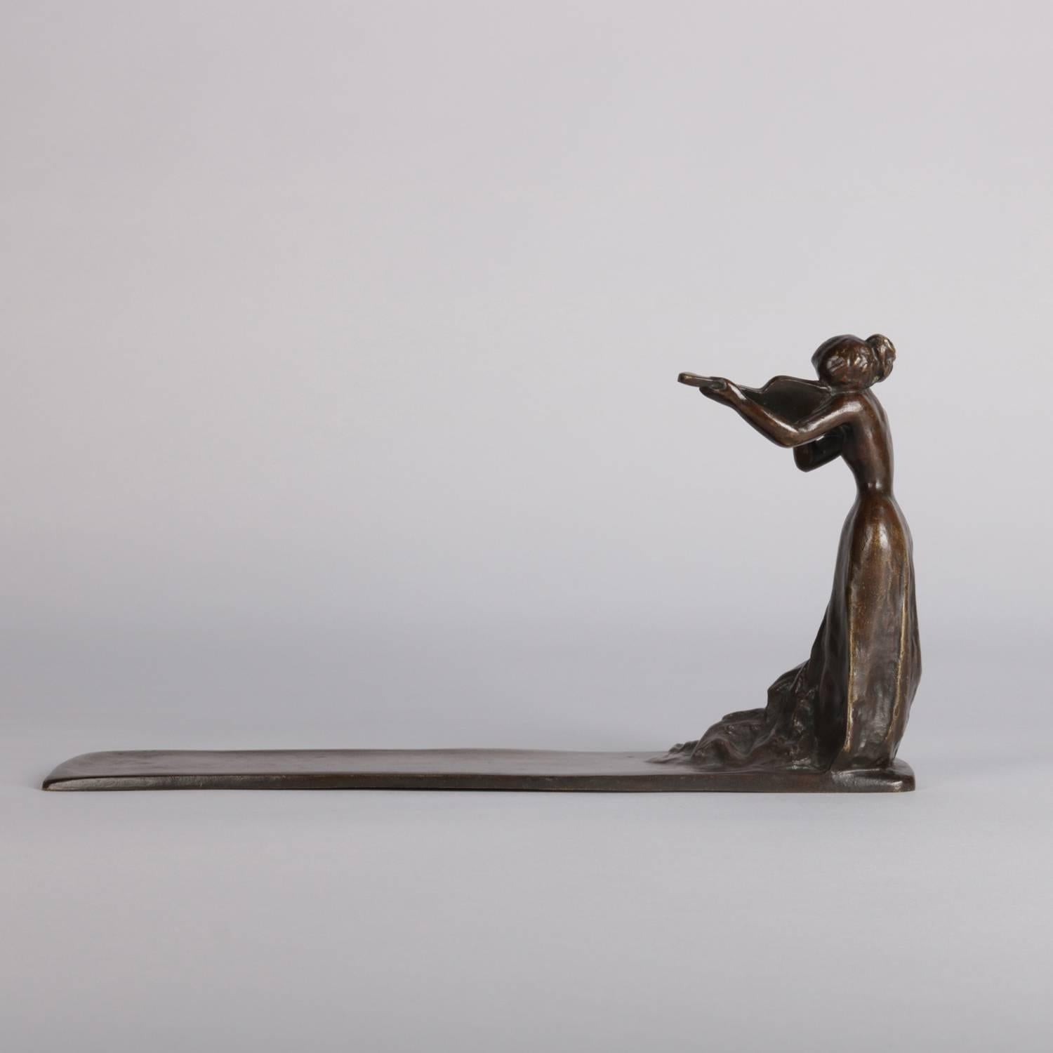 French Art Deco Figural Bronze Female Musician Violinist Portrait Sculpture Tray