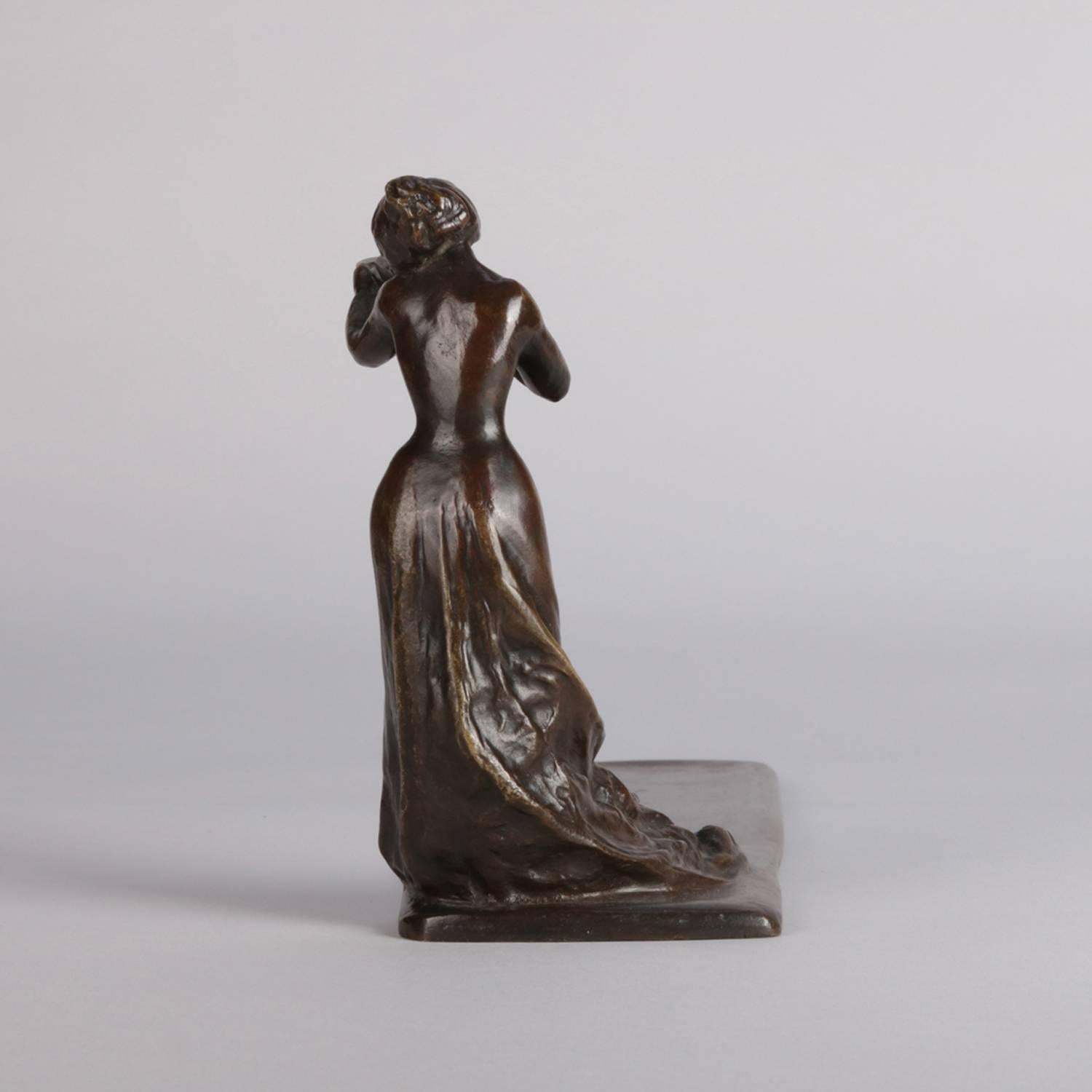 Cast Art Deco Figural Bronze Female Musician Violinist Portrait Sculpture Tray