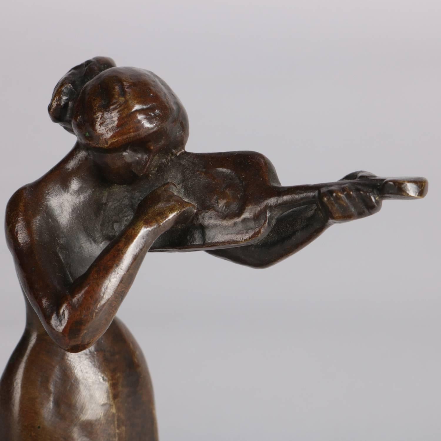 Art Deco Figural Bronze Female Musician Violinist Portrait Sculpture Tray In Good Condition In Big Flats, NY