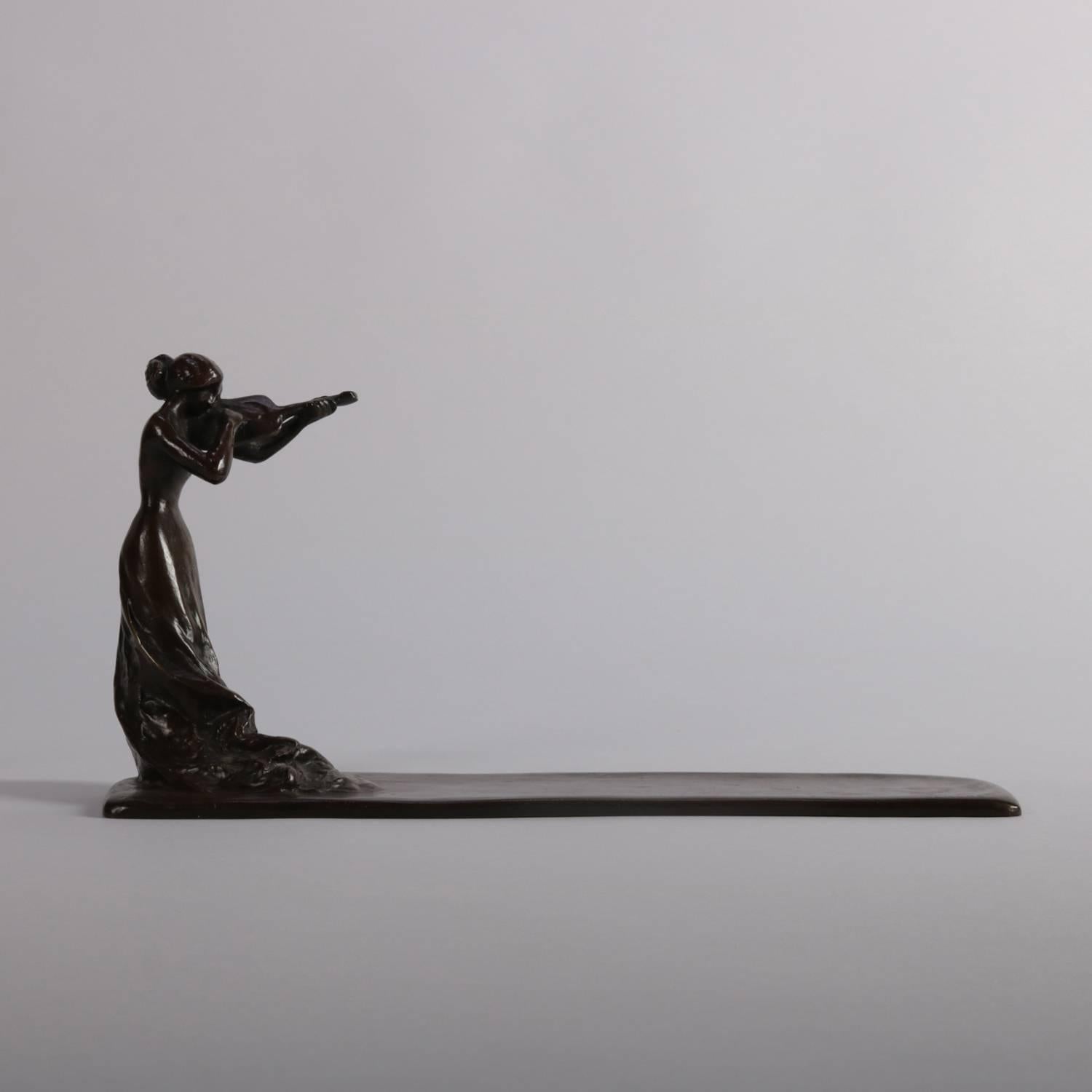 20th Century Art Deco Figural Bronze Female Musician Violinist Portrait Sculpture Tray