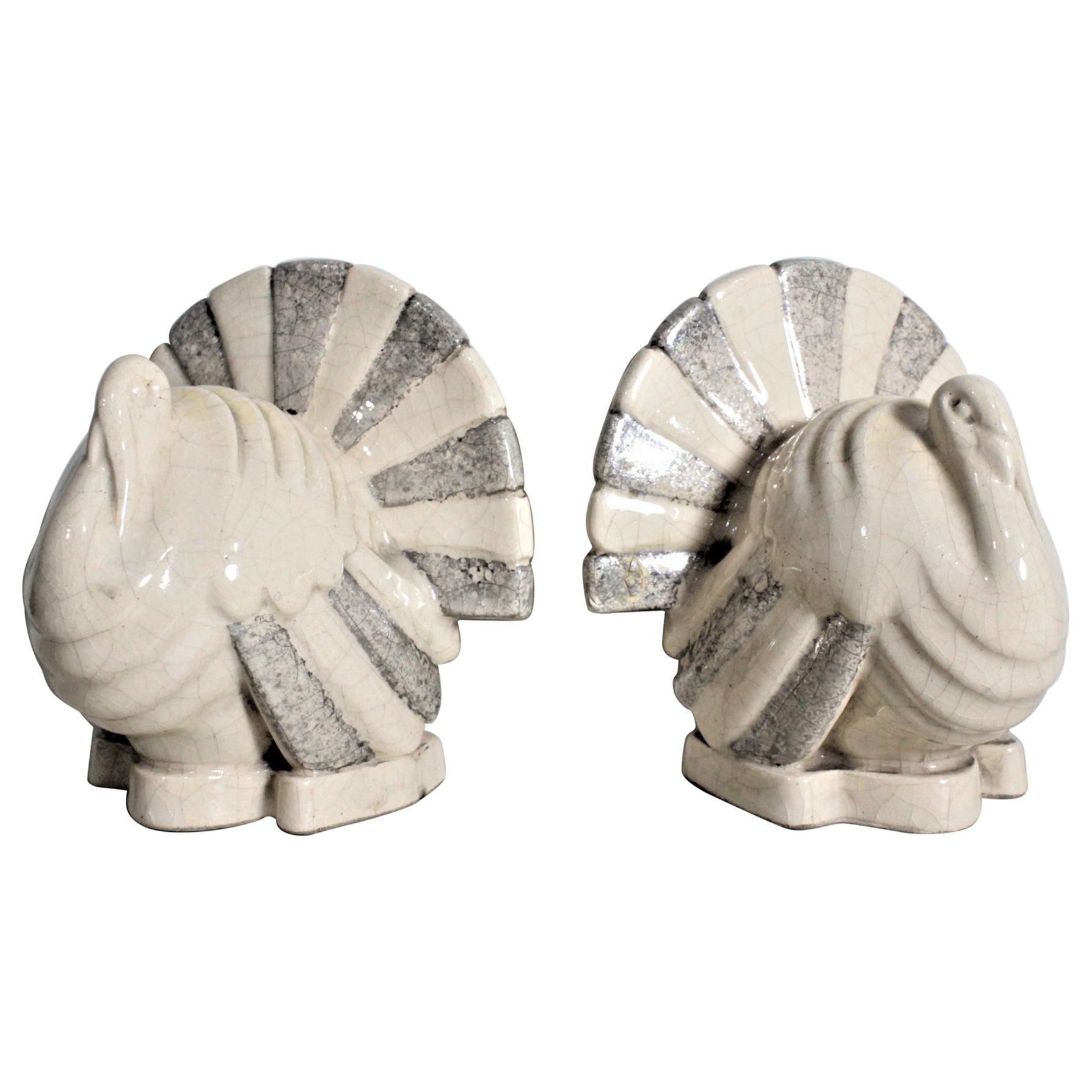 Art Deco Figural Ceramic Turkey Bookends in Taupe and Charcoal Grey Luster Glaze