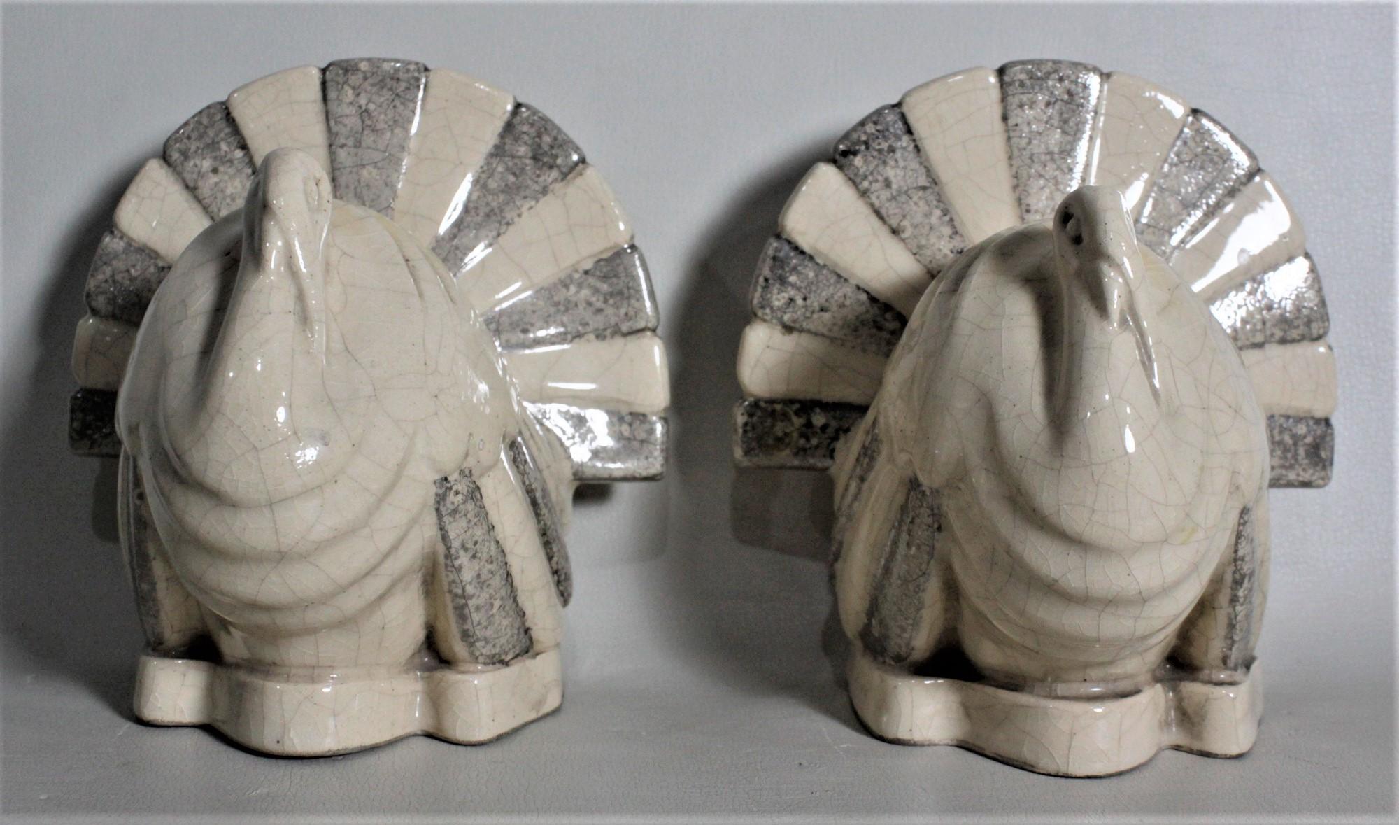 French Art Deco Figural Ceramic Turkey Bookends in Taupe and Charcoal Grey Luster Glaze For Sale