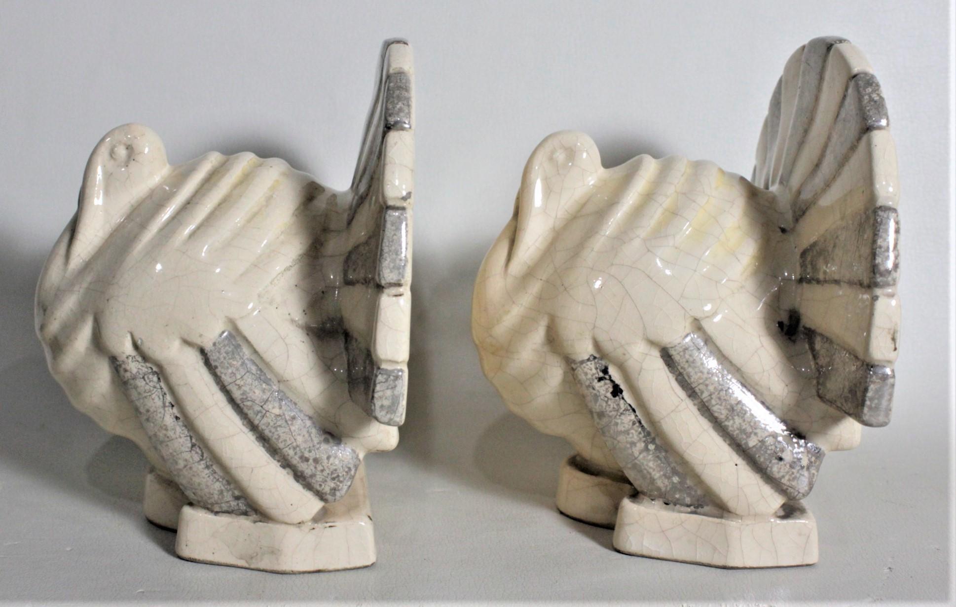 20th Century Art Deco Figural Ceramic Turkey Bookends in Taupe and Charcoal Grey Luster Glaze For Sale