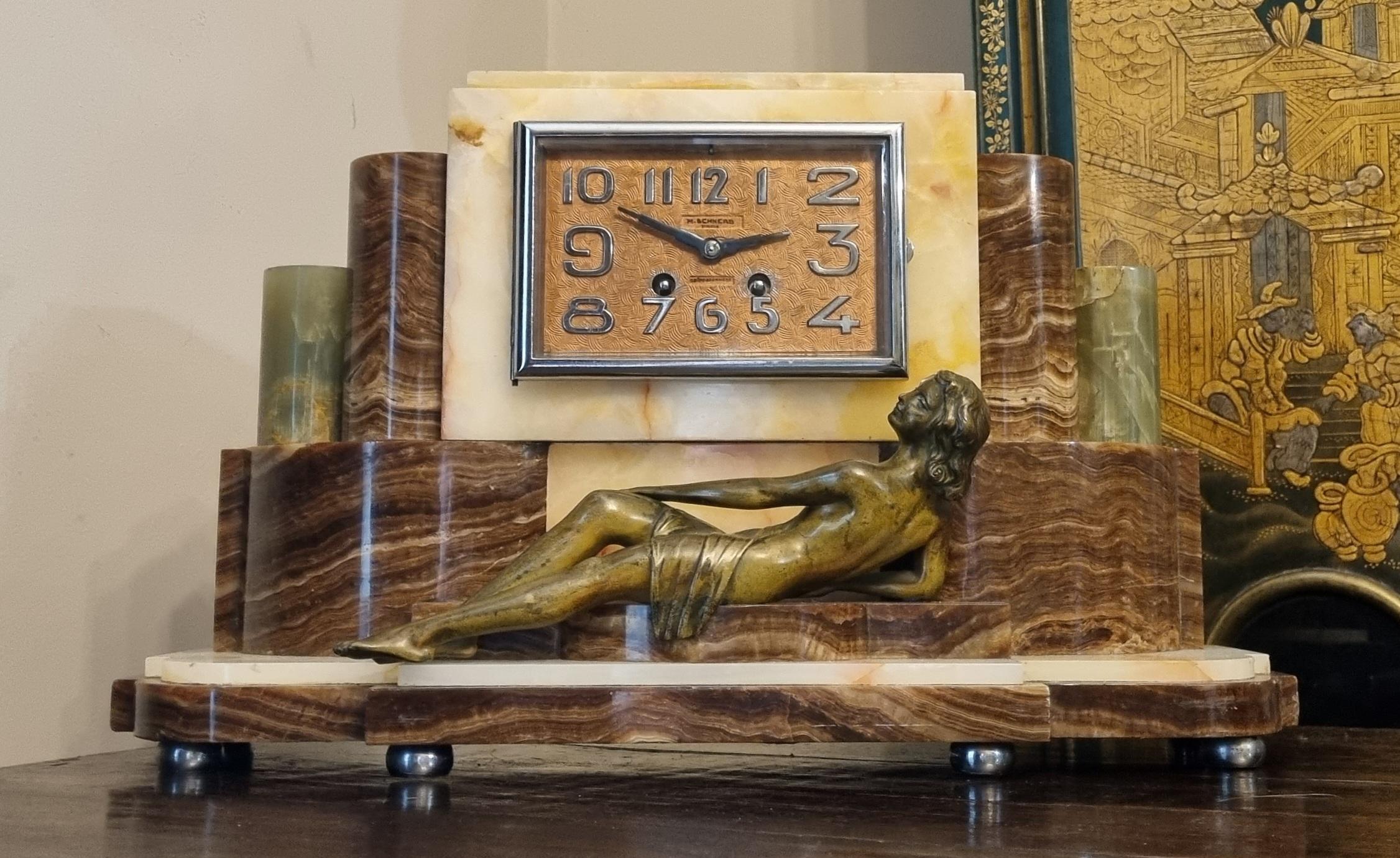 Figurale Art-Déco-Uhr mit Bronze-Akt, um 1930 im Angebot 1